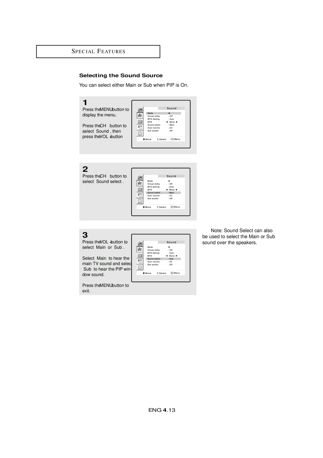 Samsung LTM 295W, LTM405W manual Selecting the Sound Source, You can select either Main or Sub when PIP is On 