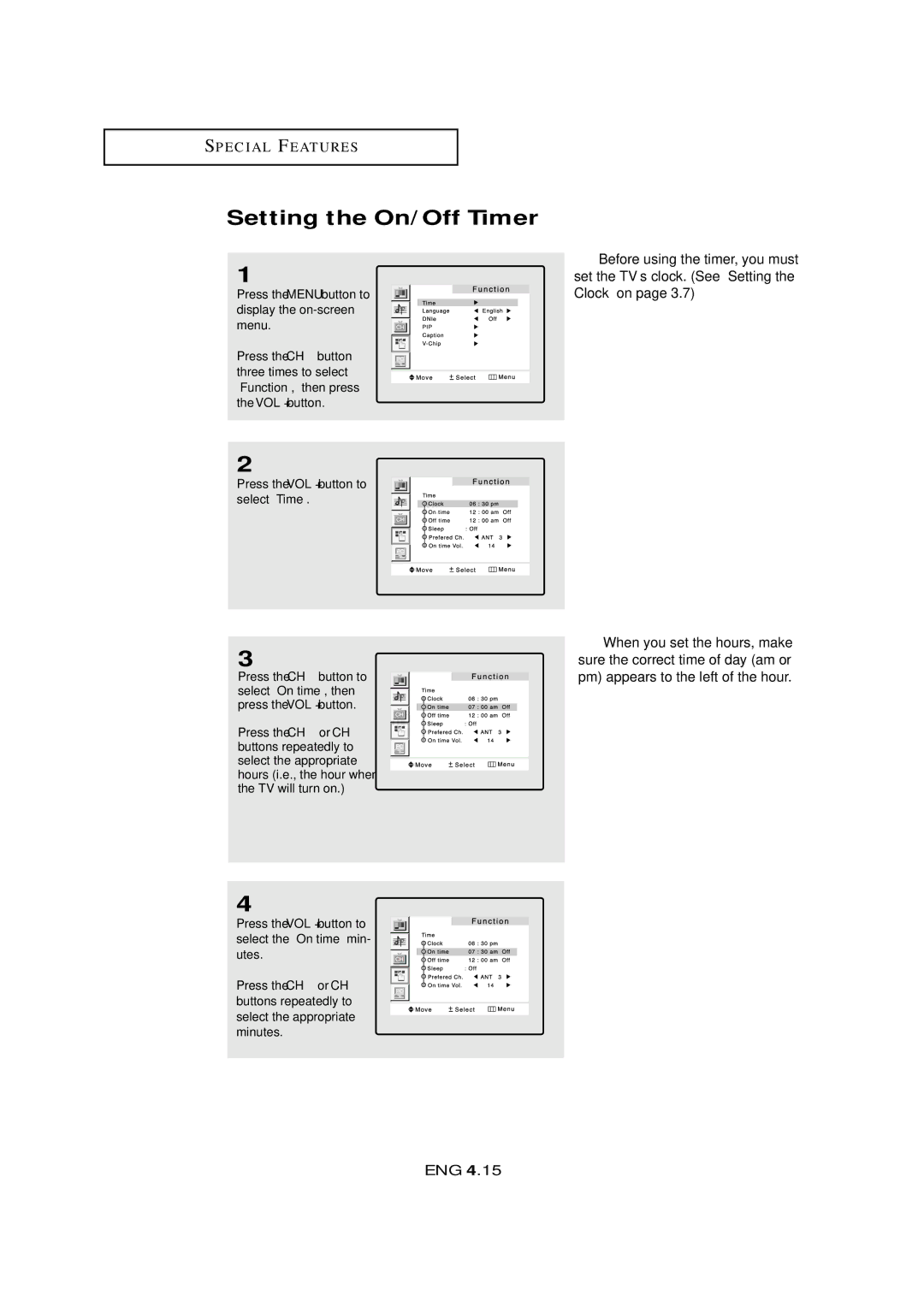 Samsung LTM 295W, LTM405W manual Setting the On/Off Timer 