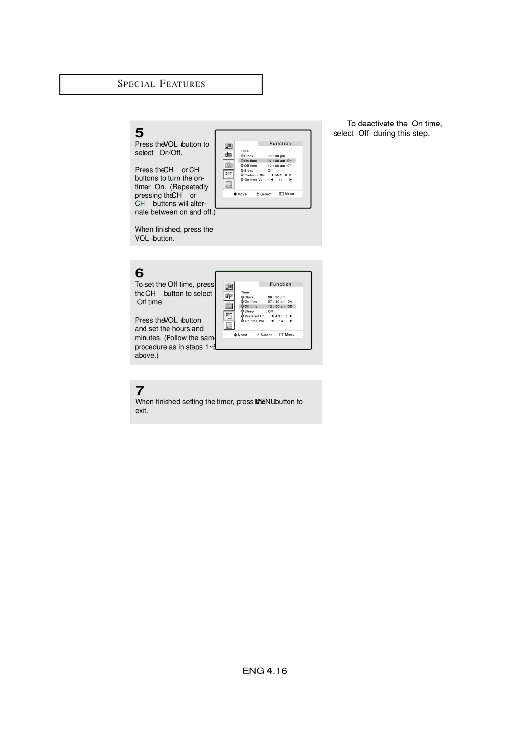 Samsung LTM405W, LTM 295W manual To deactivate the On time 