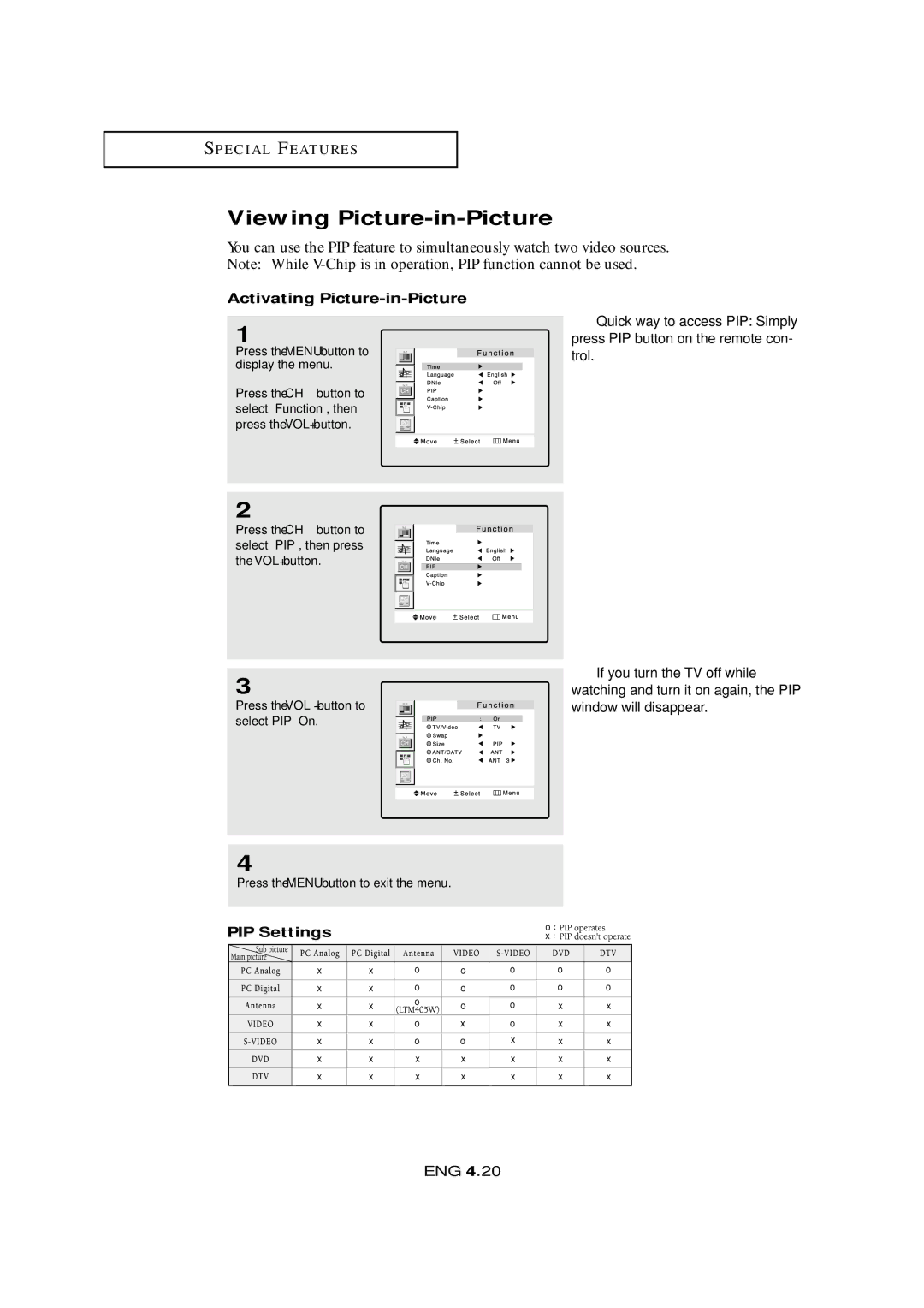 Samsung LTM405W, LTM 295W manual Viewing Picture-in-Picture, Activating Picture-in-Picture, PIP Settings 