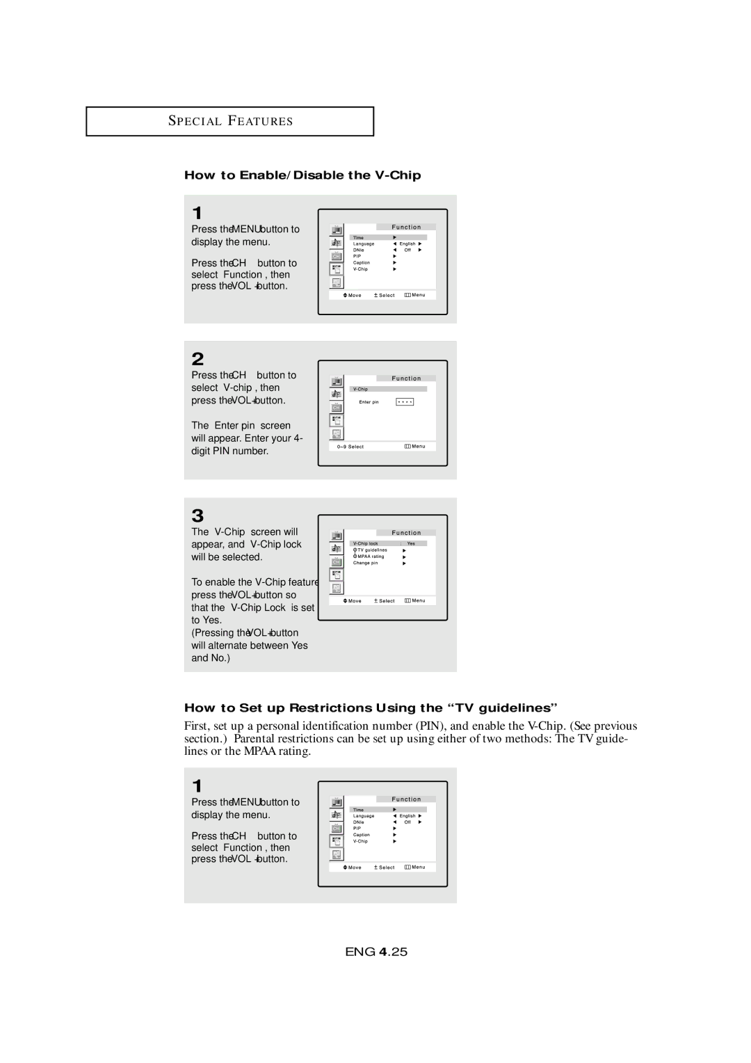 Samsung LTM 295W, LTM405W manual How to Enable/Disable the V-Chip, How to Set up Restrictions Using the TV guidelines 