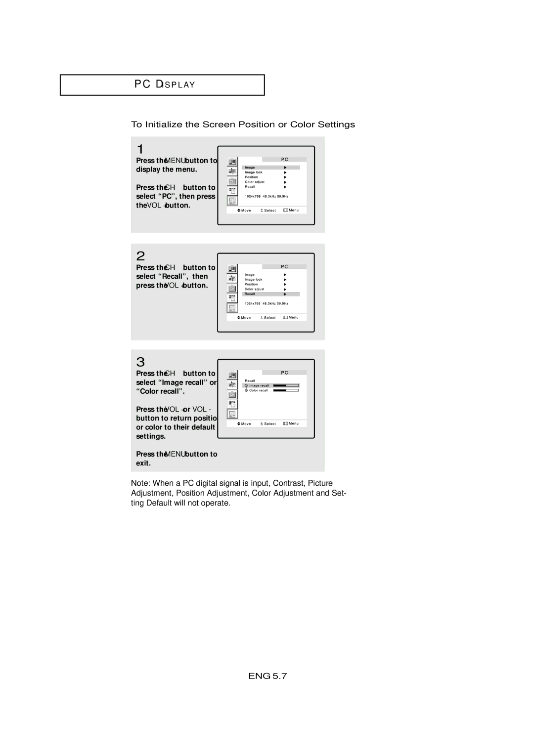 Samsung LTM 295W, LTM405W manual To Initialize the Screen Position or Color Settings 