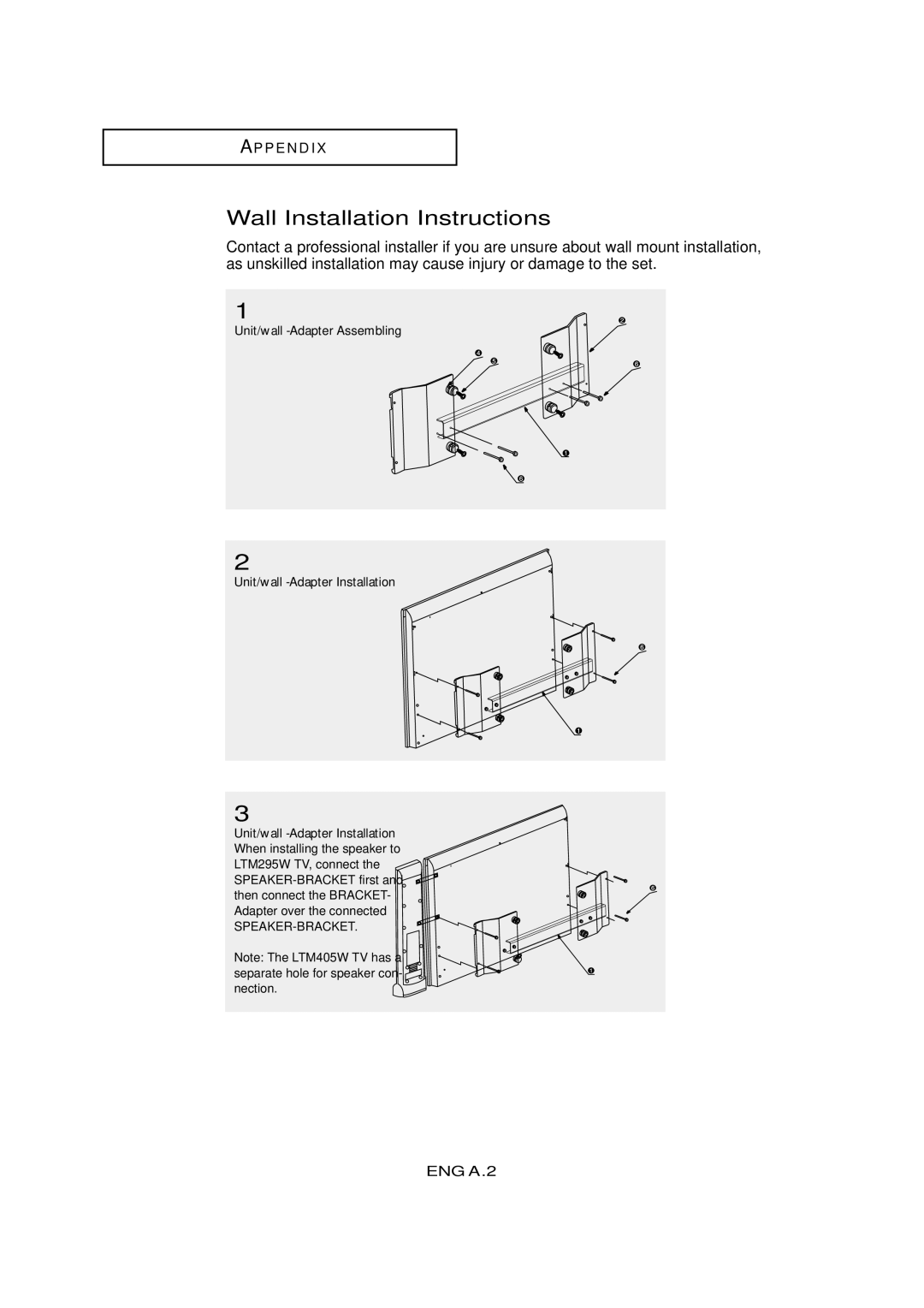 Samsung LTM 295W, LTM405W manual Wall Installation Instructions, ENG A.2 