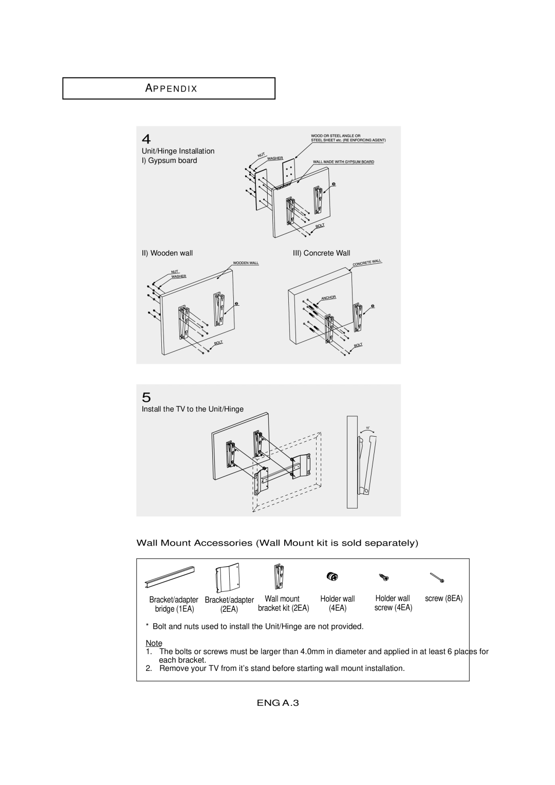 Samsung LTM405W, LTM 295W manual Wall Mount Accessories Wall Mount kit is sold separately, 2EA 