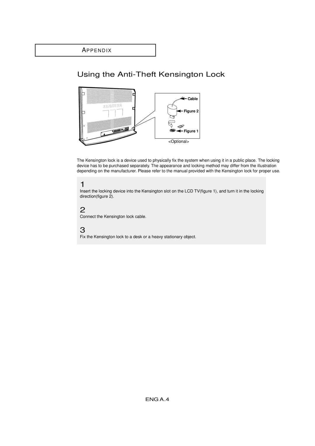 Samsung LTM 295W, LTM405W manual Using the Anti-Theft Kensington Lock, Optional 