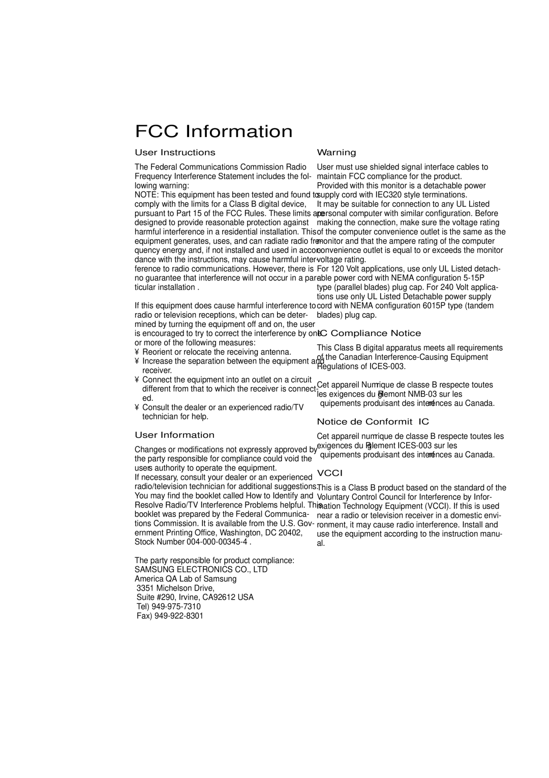 Samsung LTM405W, LTM 295W manual FCC Information 