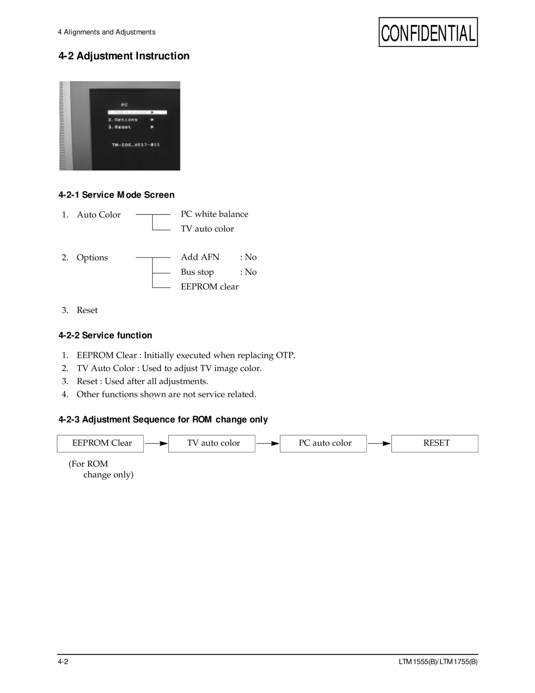 Samsung LTM1555(B), ES15U specifications Adjustment Instruction, Service function 