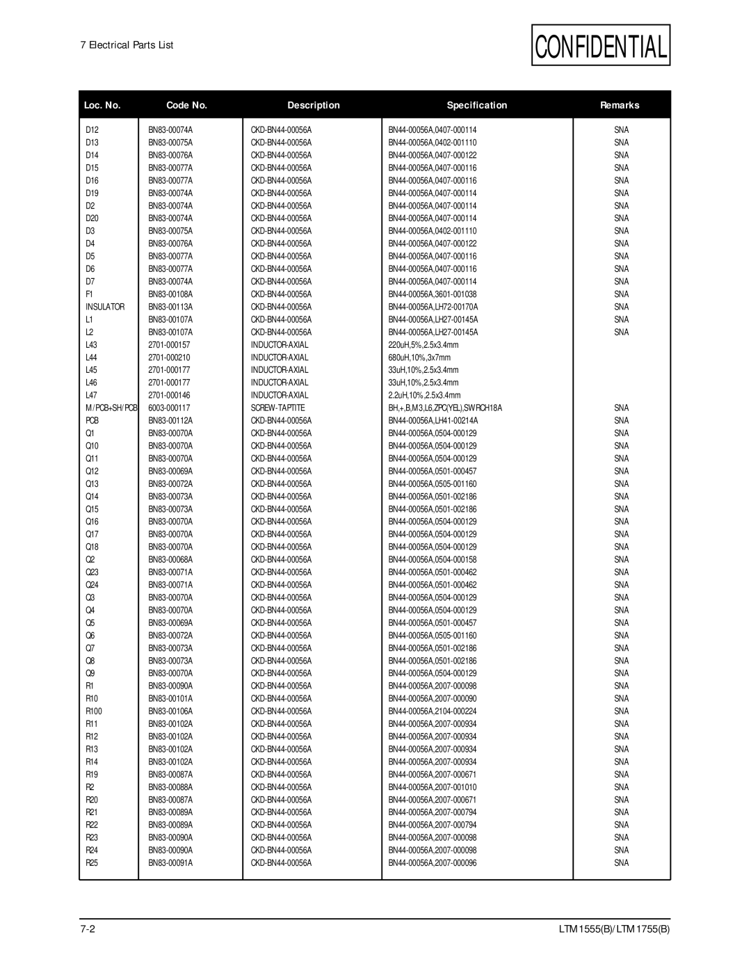 Samsung LTM1555(B), ES15U specifications Pcb, Inductor-Axial Screw-Taptite 