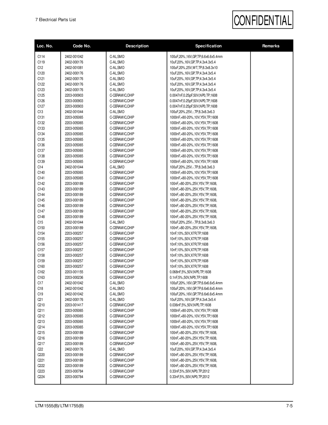 Samsung ES15U, LTM1555(B) specifications Loc. No Code No, Al,Smd Ceramic,Chip 