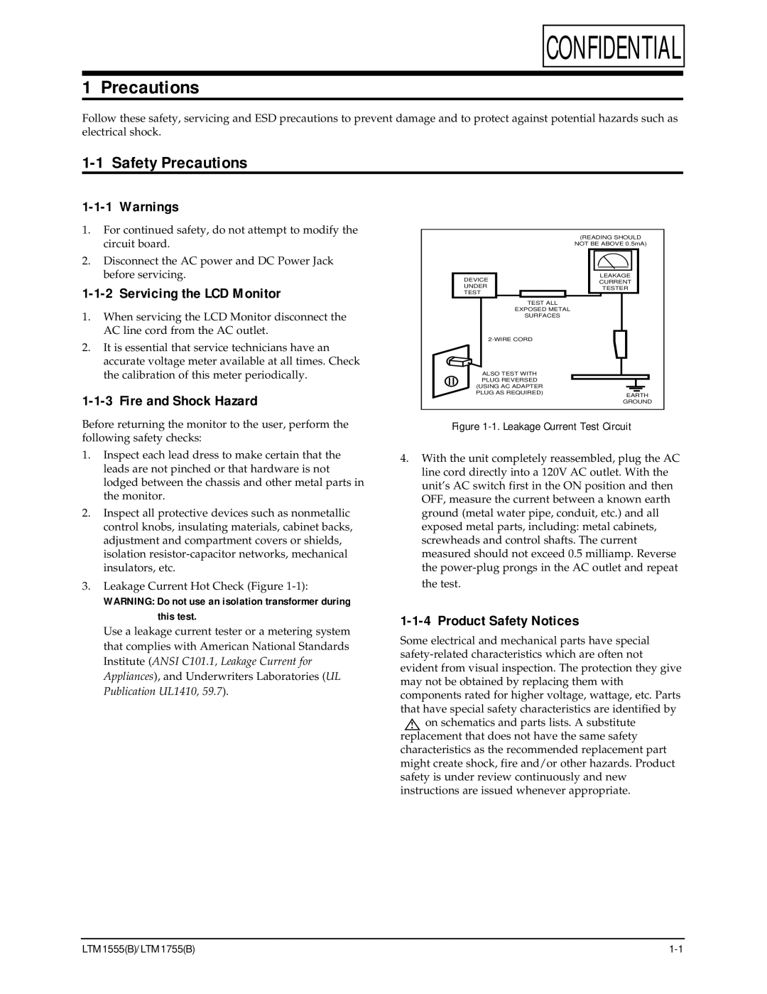 Samsung ES15U, LTM1555(B) specifications Safety Precautions 