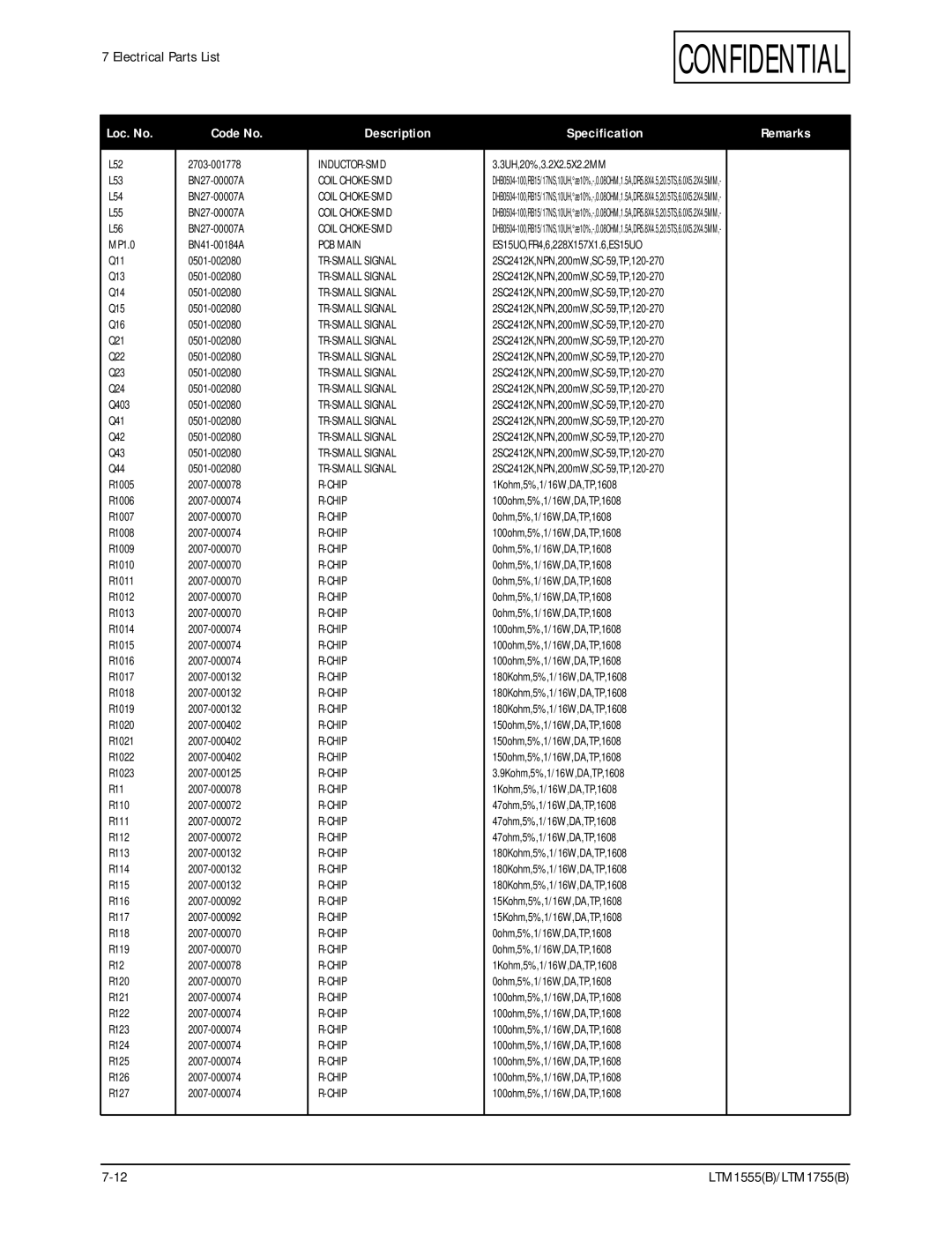 Samsung LTM1555(B), ES15U specifications INDUCTOR-SMD Coil CHOKE-SMD PCB Main TR-SMALL Signal Chip 