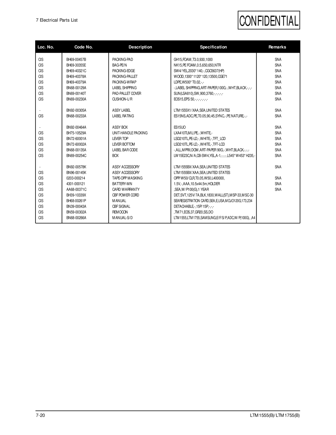 Samsung LTM1555(B) specifications Lever Bottom Label BAR Code BOX, CBF Signal, ES15UO SNA LXA410TLMU,PE,-,WHITE 