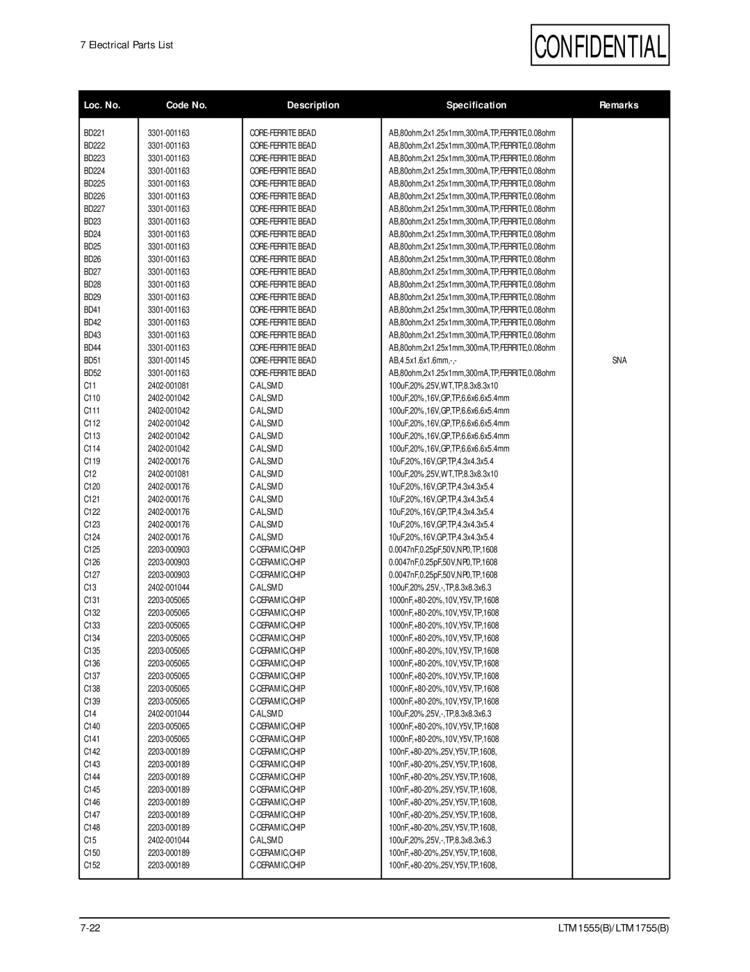 Samsung LTM1555(B), ES15U specifications CORE-FERRITE Bead AL,SMD CERAMIC,CHIP 