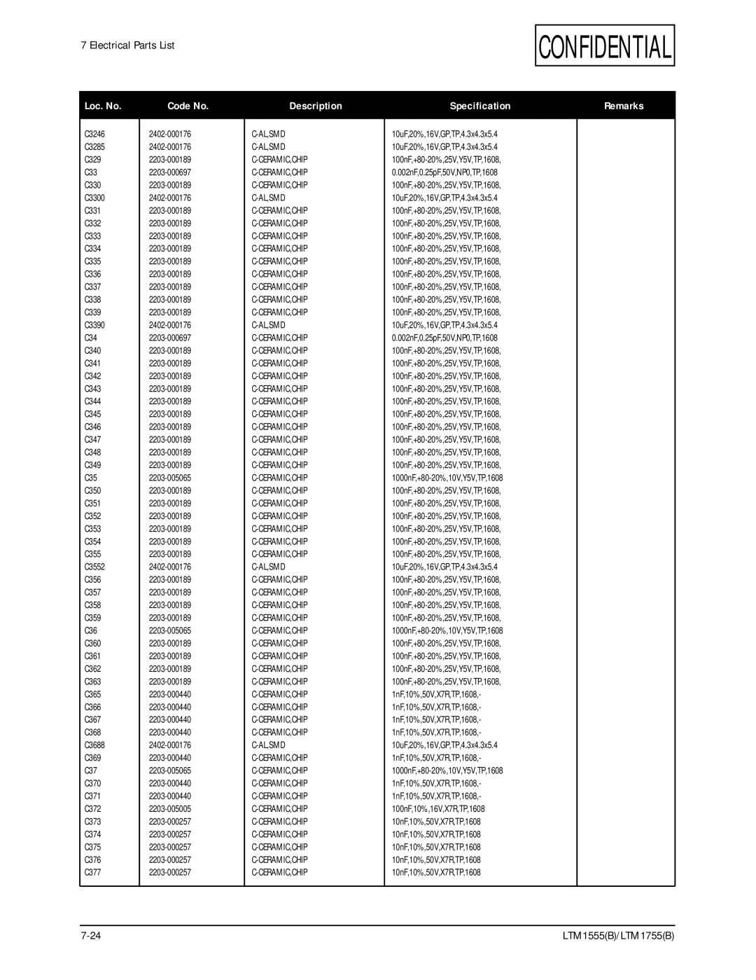 Samsung LTM1555(B), ES15U specifications Al,Smd Ceramic,Chip 