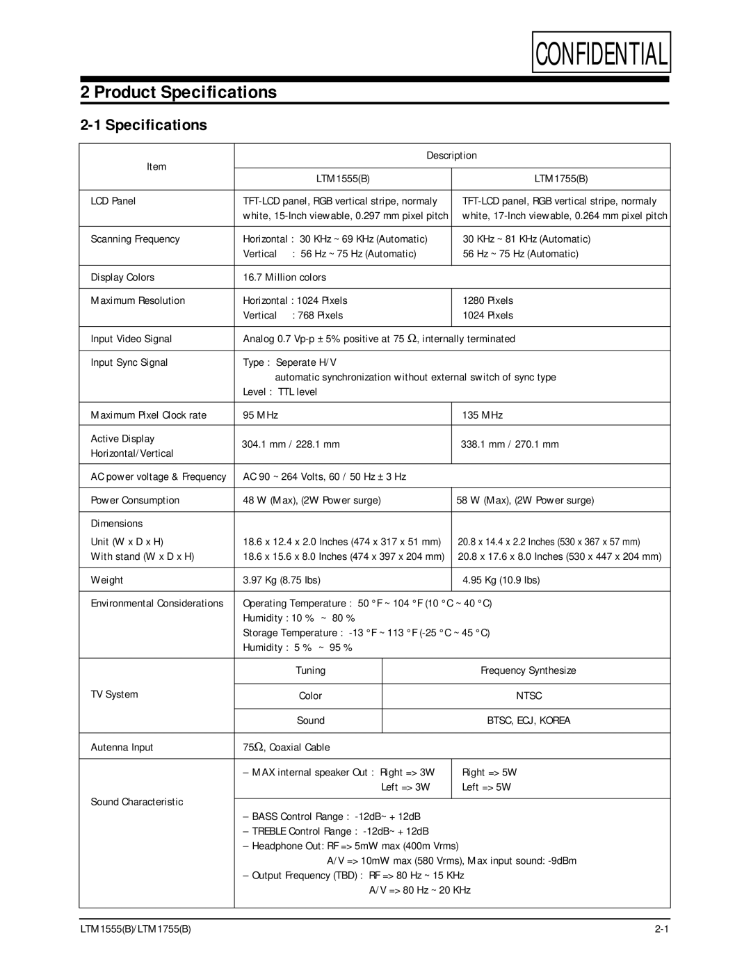 Samsung ES15U, LTM1555(B) specifications Product Specifications 