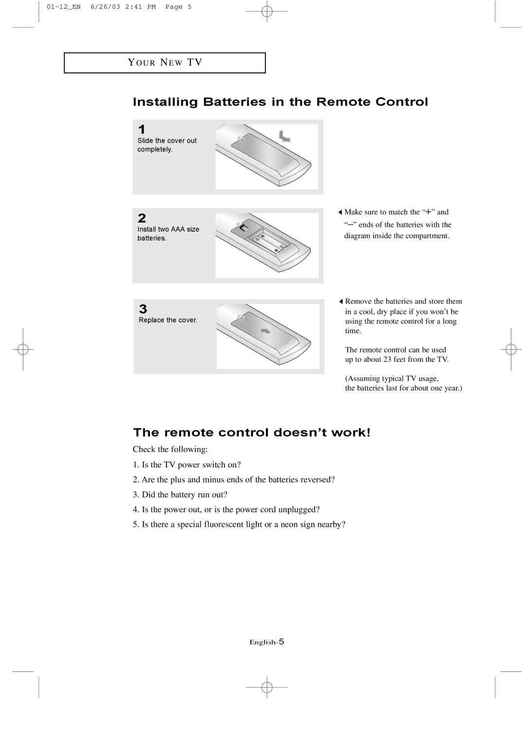 Samsung LTN 1535, LTN 1735 manual Installing Batteries in the Remote Control, Remote control doesn’t work 