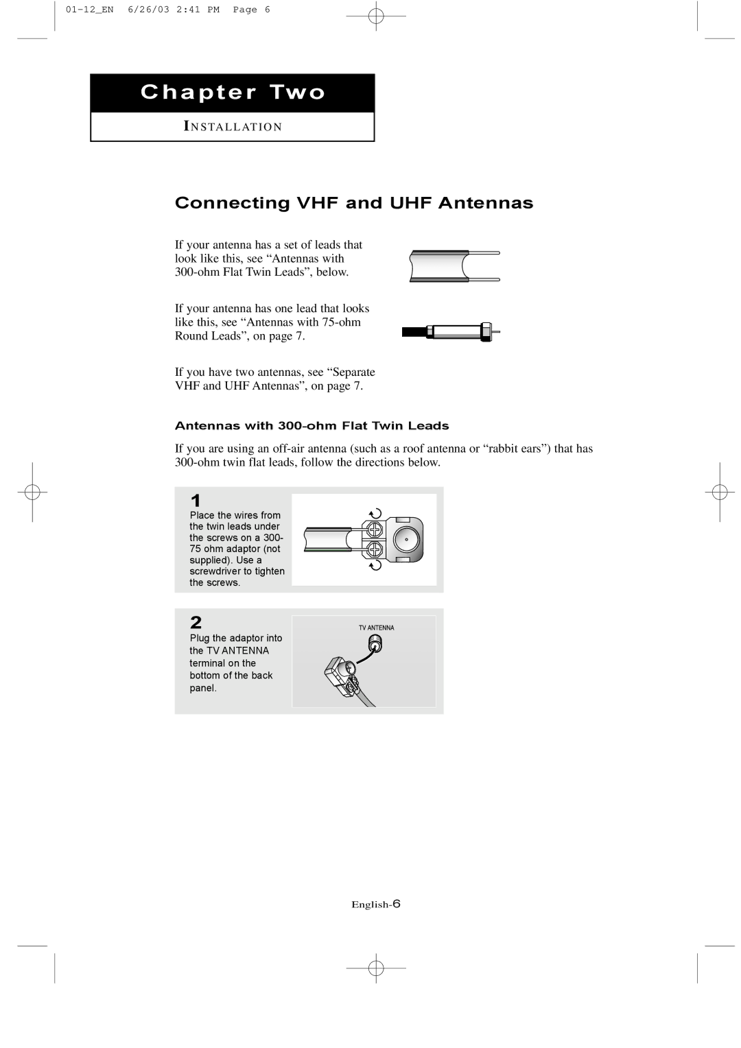 Samsung LTN 1735, LTN 1535 manual Connecting VHF and UHF Antennas, Antennas with 300-ohm Flat Twin Leads 