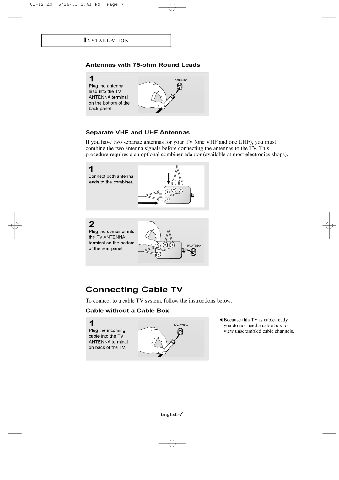 Samsung LTN 1535, LTN 1735 manual Connecting Cable TV, Antennas with 75-ohm Round Leads, Separate VHF and UHF Antennas 