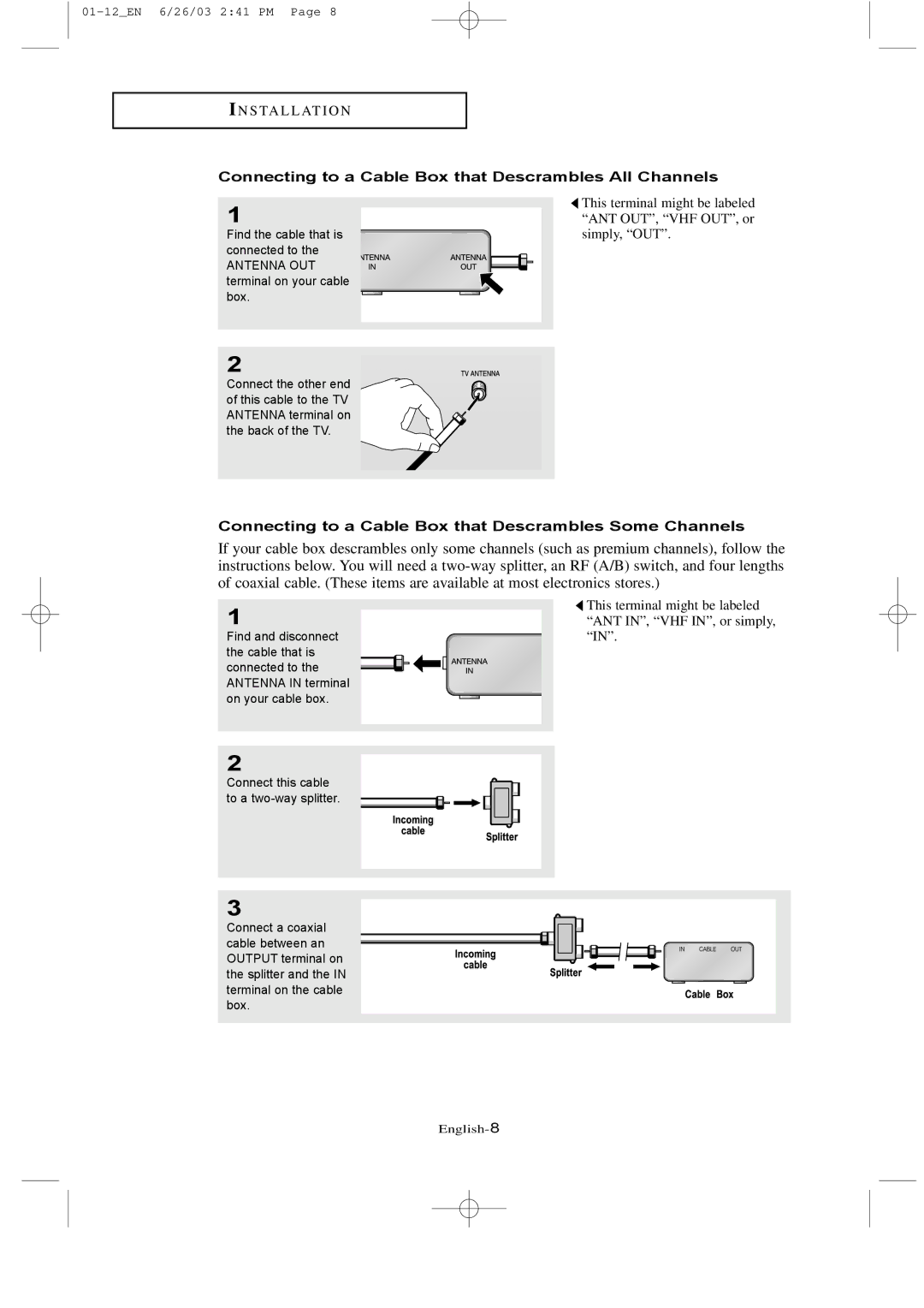 Samsung LTN 1735, LTN 1535 manual Connecting to a Cable Box that Descrambles All Channels 