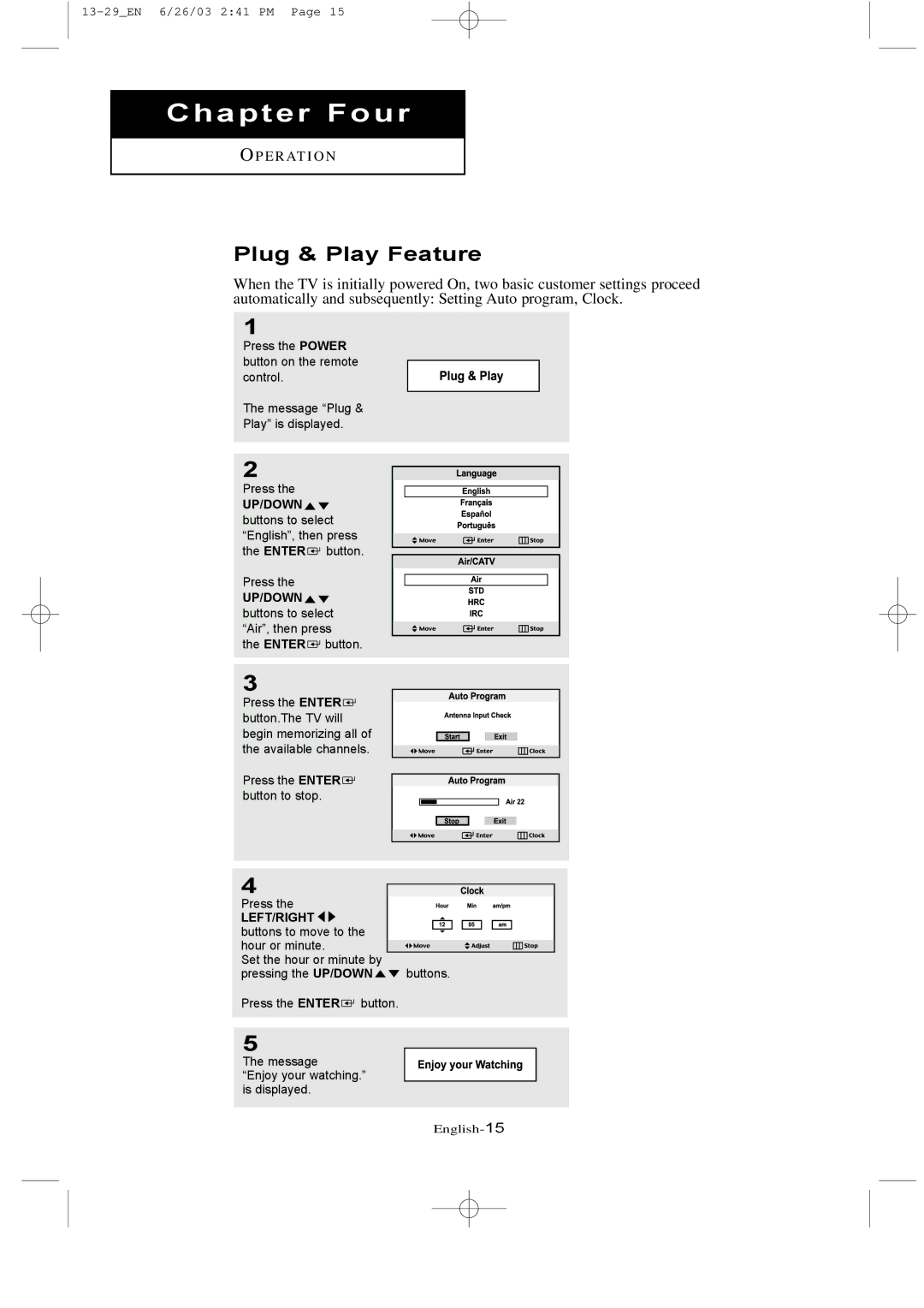 Samsung LTN 1535, LTN 1735 manual Plug & Play Feature, UP/DOWN buttons to select Air, then press 