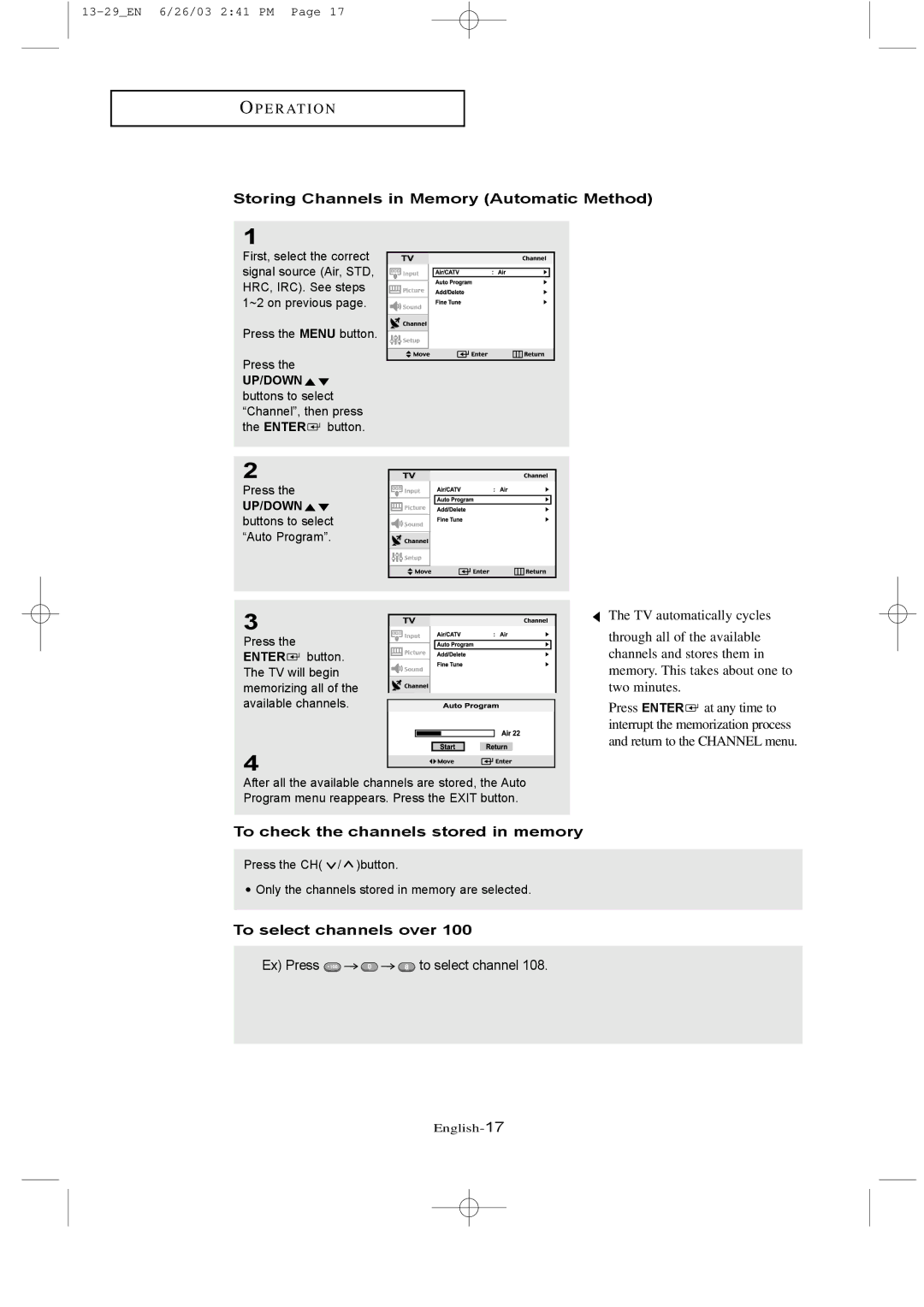 Samsung LTN 1535, LTN 1735 manual Storing Channels in Memory Automatic Method, To check the channels stored in memory 