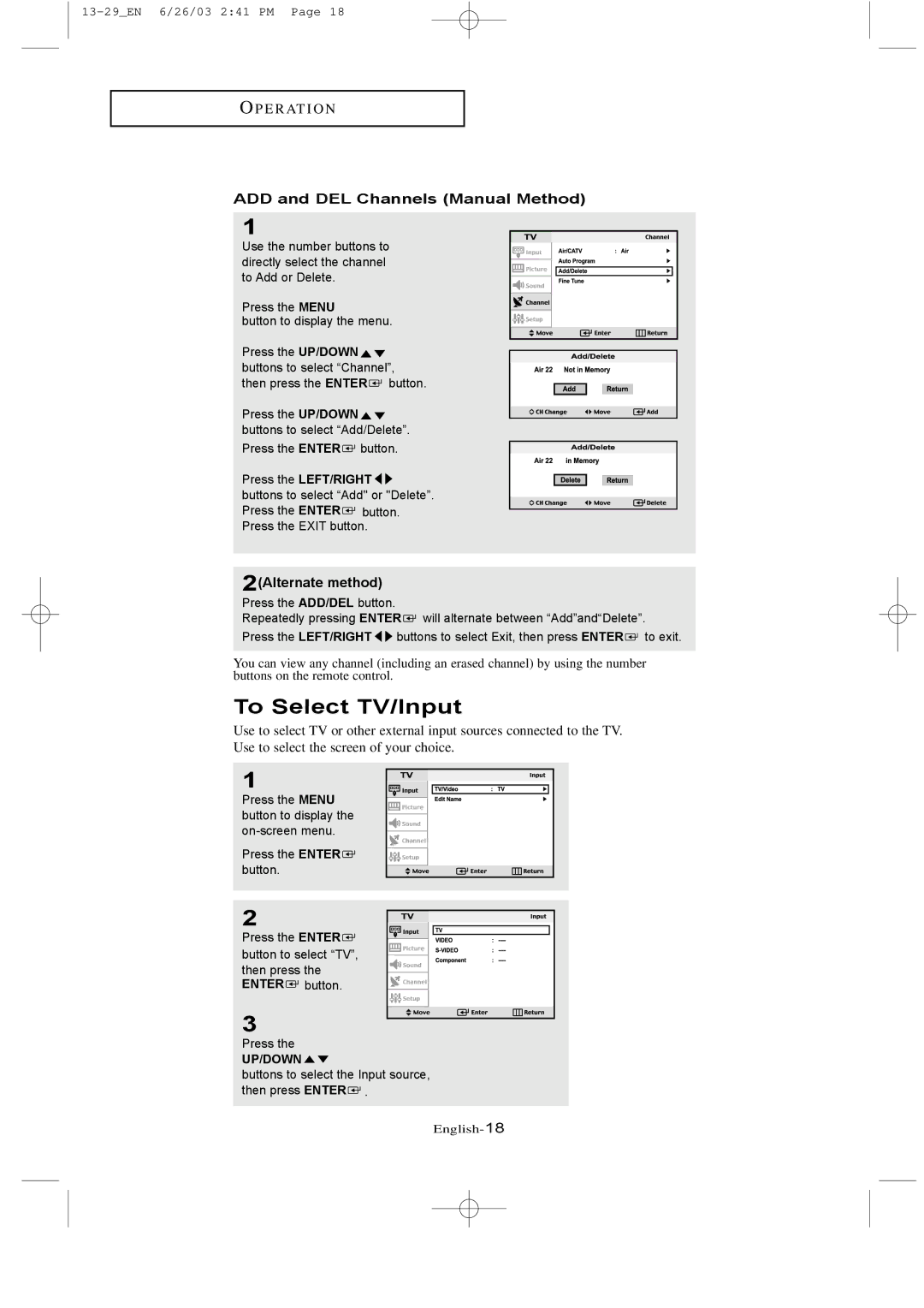 Samsung LTN 1735, LTN 1535 manual To Select TV/Input, ADD and DEL Channels Manual Method, 2Alternate method 