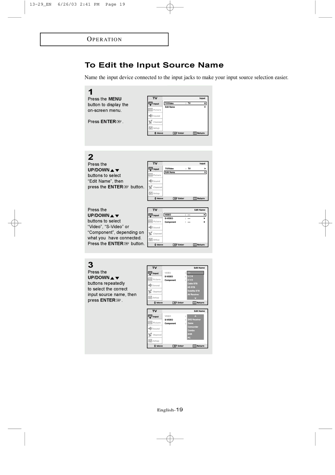 Samsung LTN 1535, LTN 1735 manual To Edit the Input Source Name, UP/DOWN buttons to select Edit Name, then 