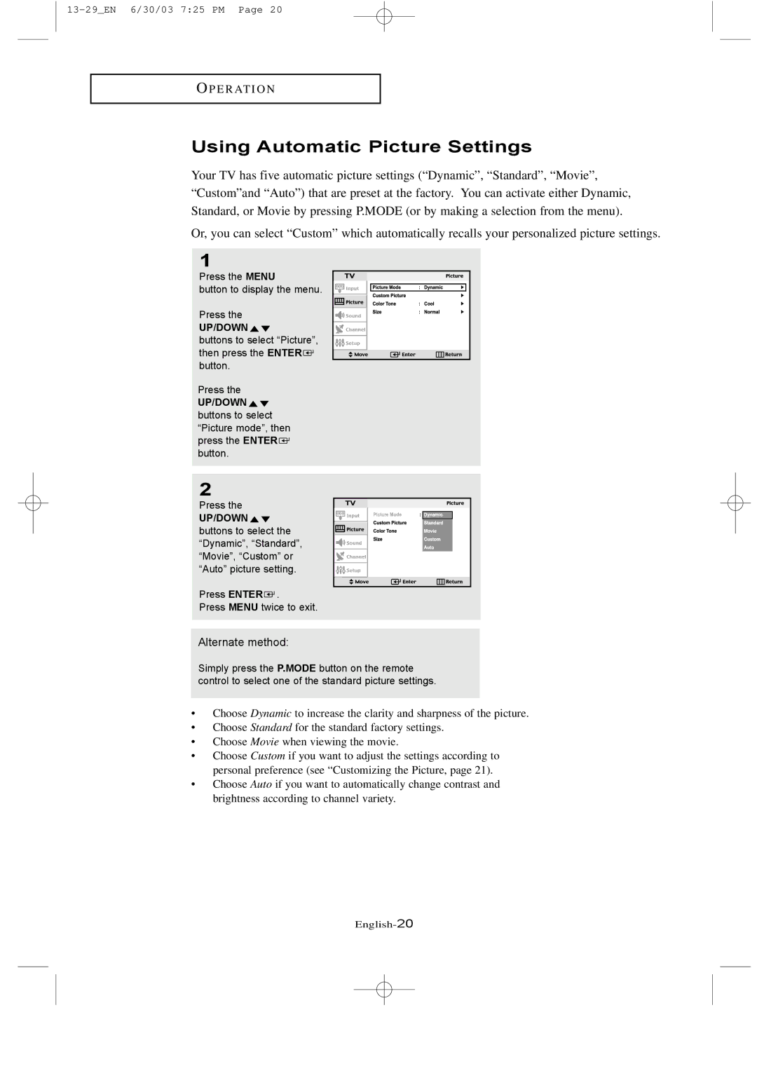 Samsung LTN 1735, LTN 1535 manual Using Automatic Picture Settings, Alternate method 