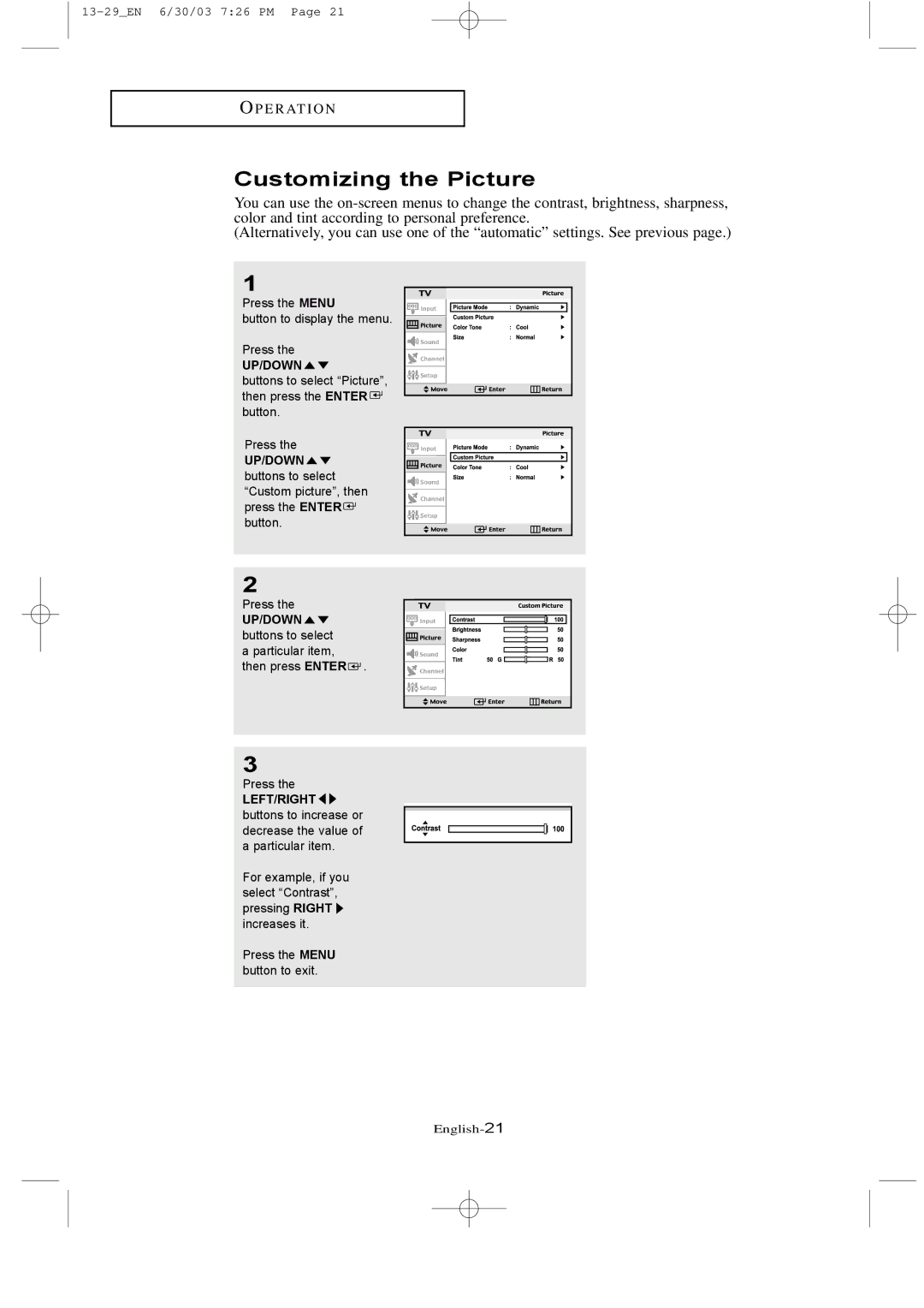 Samsung LTN 1535, LTN 1735 manual Customizing the Picture 