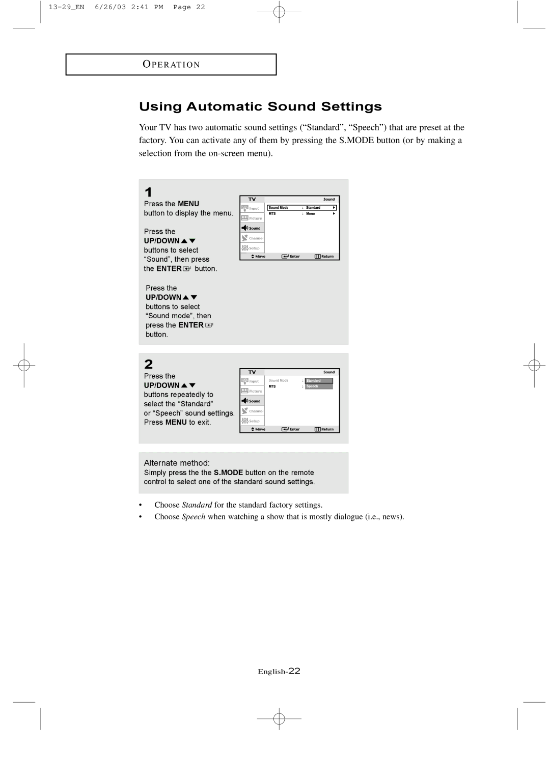 Samsung LTN 1735, LTN 1535 manual Using Automatic Sound Settings, UP/DOWN buttons repeatedly to select the Standard 