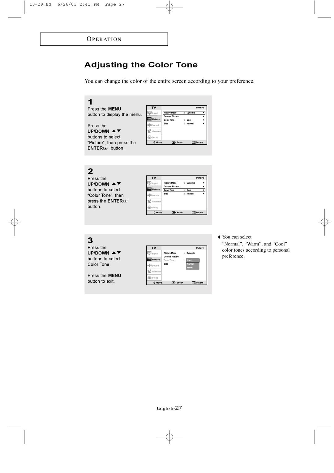 Samsung LTN 1535, LTN 1735 manual Adjusting the Color Tone, UP/DOWN buttons to select Color Tone 