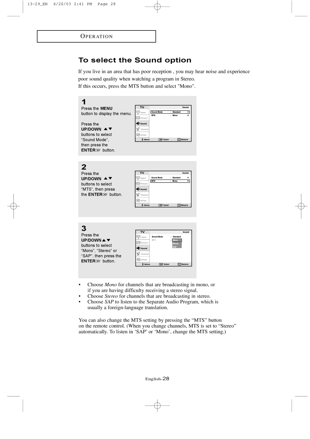 Samsung LTN 1735, LTN 1535 manual To select the Sound option, UP/DOWN buttons to select MTS, then press the Enter button 