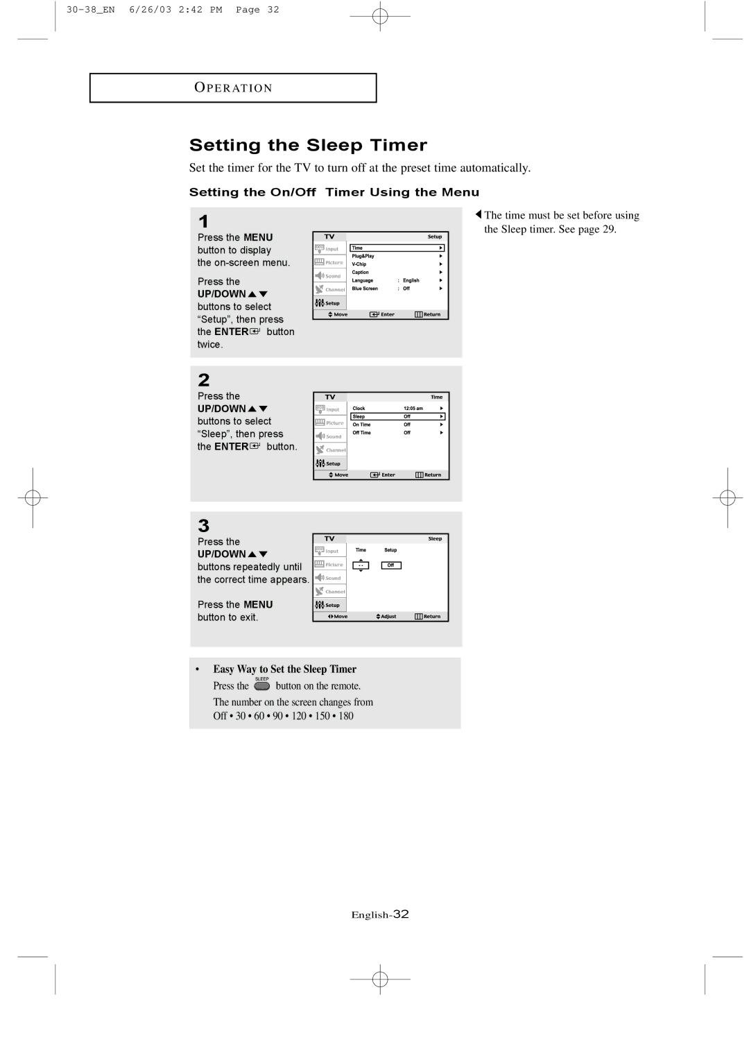 Samsung LTN 1735, LTN 1535 manual Setting the Sleep Timer, Setting the On/Off Timer Using the Menu 