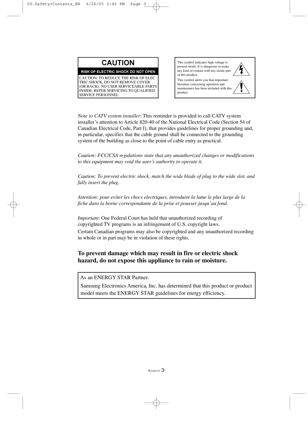 Samsung LTN 1535, LTN 1735 manual Risk of Electric Shock do not Open 