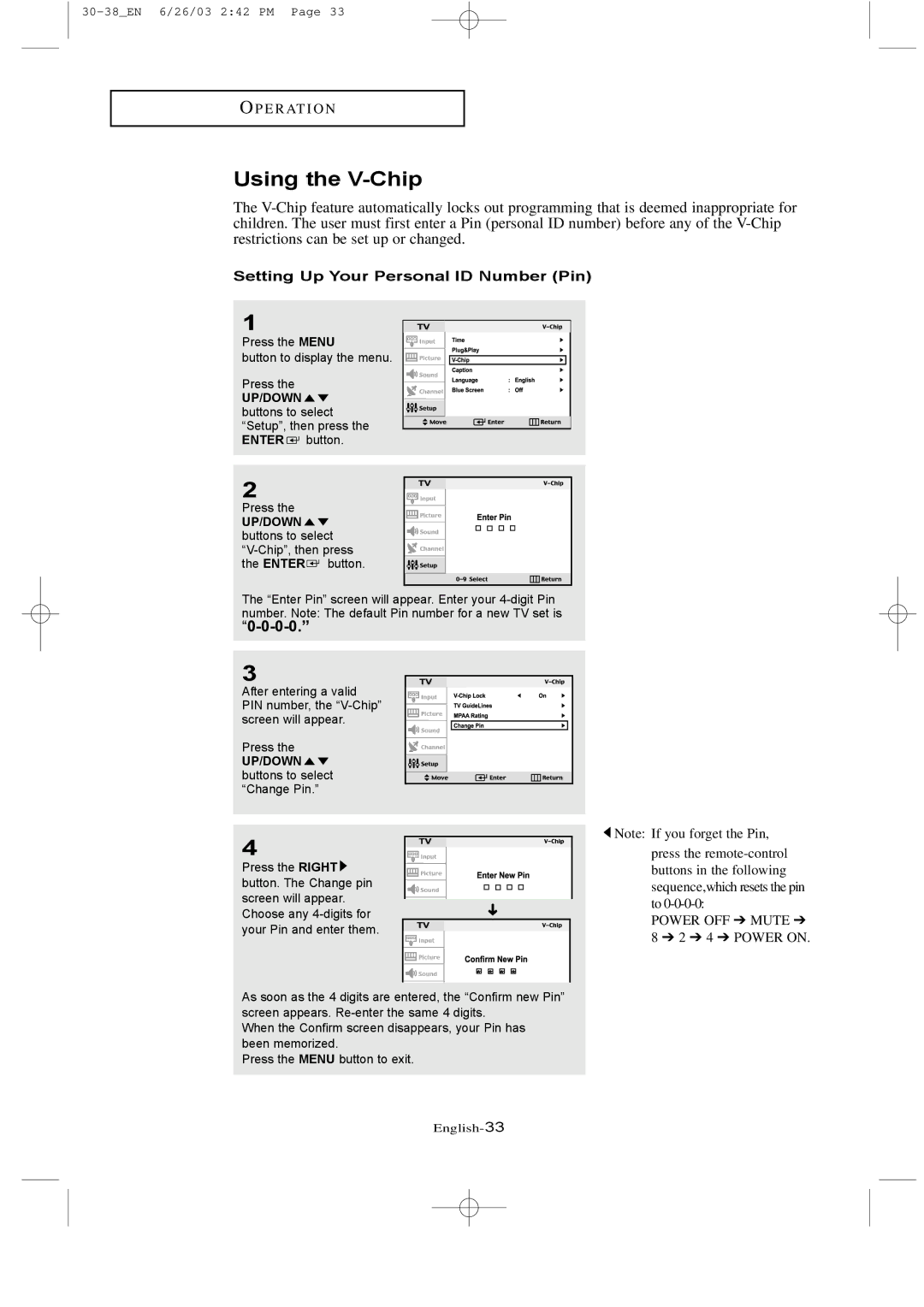 Samsung LTN 1535, LTN 1735 Using the V-Chip, Setting Up Your Personal ID Number Pin, UP/DOWN buttons to select Change Pin 