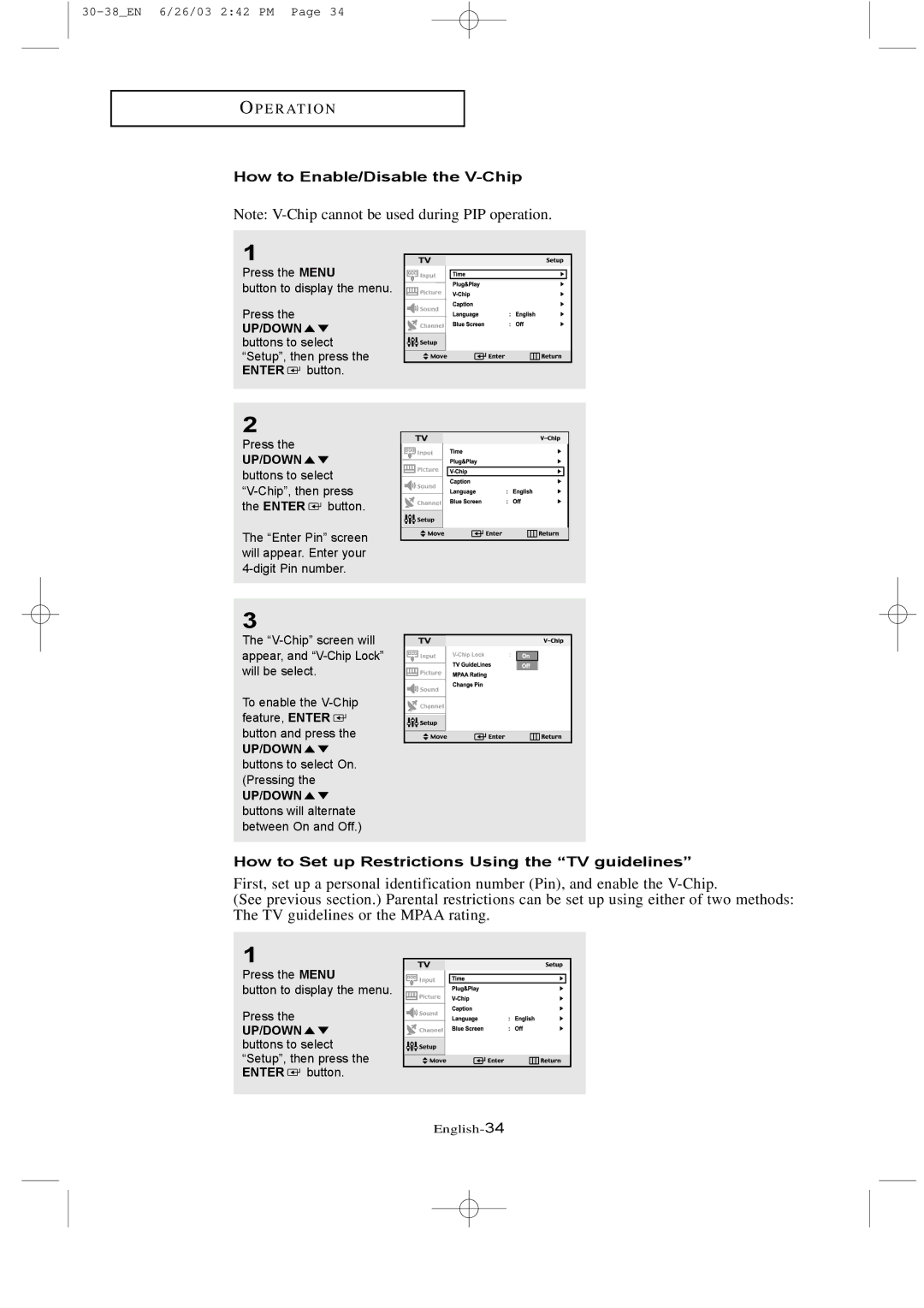 Samsung LTN 1735, LTN 1535 manual How to Enable/Disable the V-Chip, How to Set up Restrictions Using the TV guidelines 