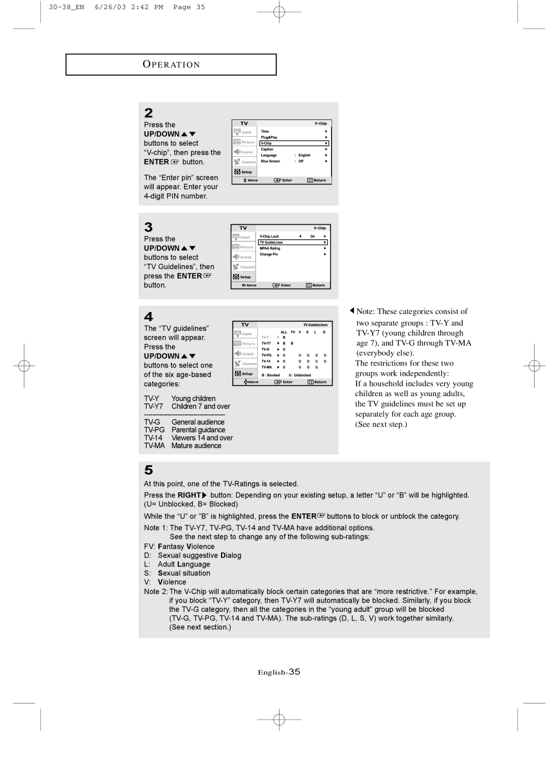 Samsung LTN 1535, LTN 1735 manual Tv-Y 