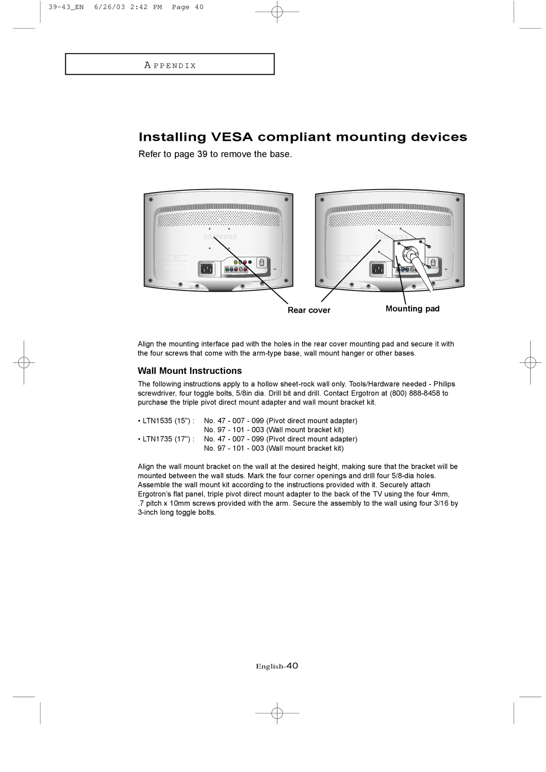 Samsung LTN 1735, LTN 1535 manual Installing Vesa compliant mounting devices, Mounting pad, Rear cover 