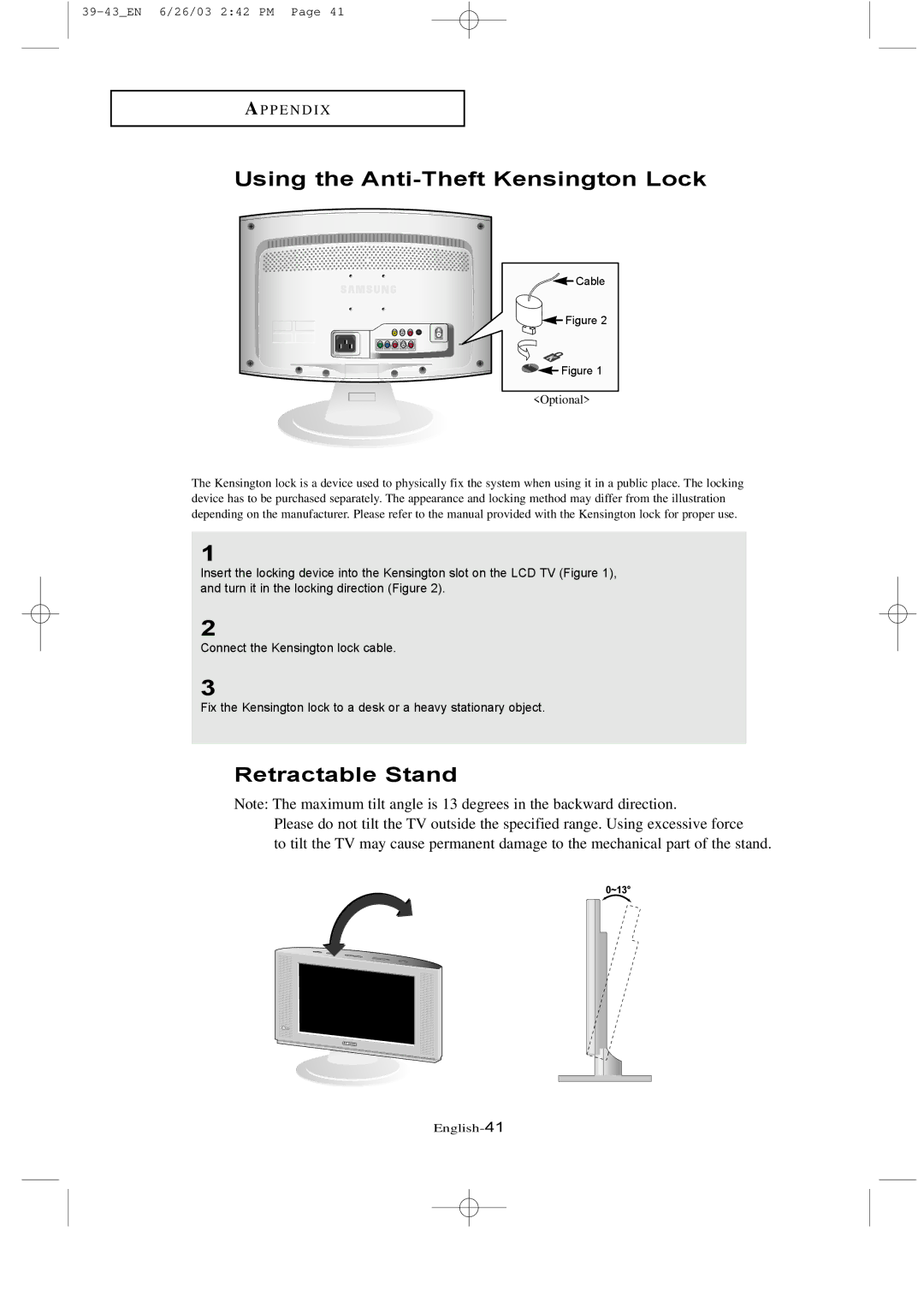 Samsung LTN 1535, LTN 1735 manual Using the Anti-Theft Kensington Lock, Retractable Stand 