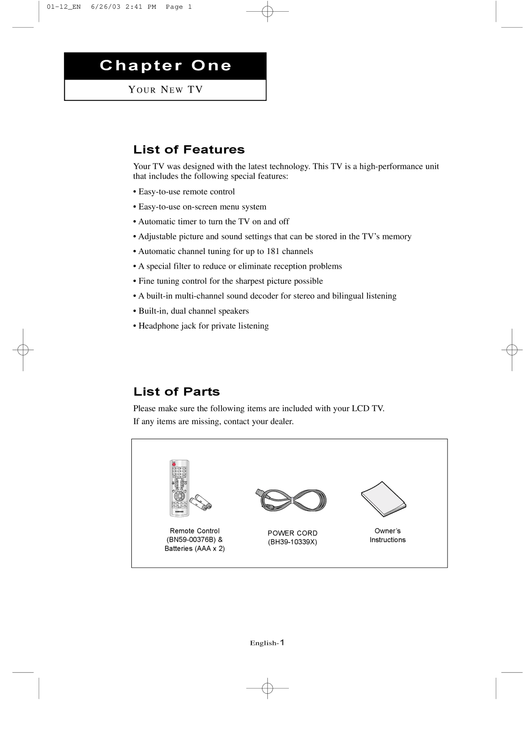 Samsung LTN 1535, LTN 1735 manual List of Features, List of Parts 