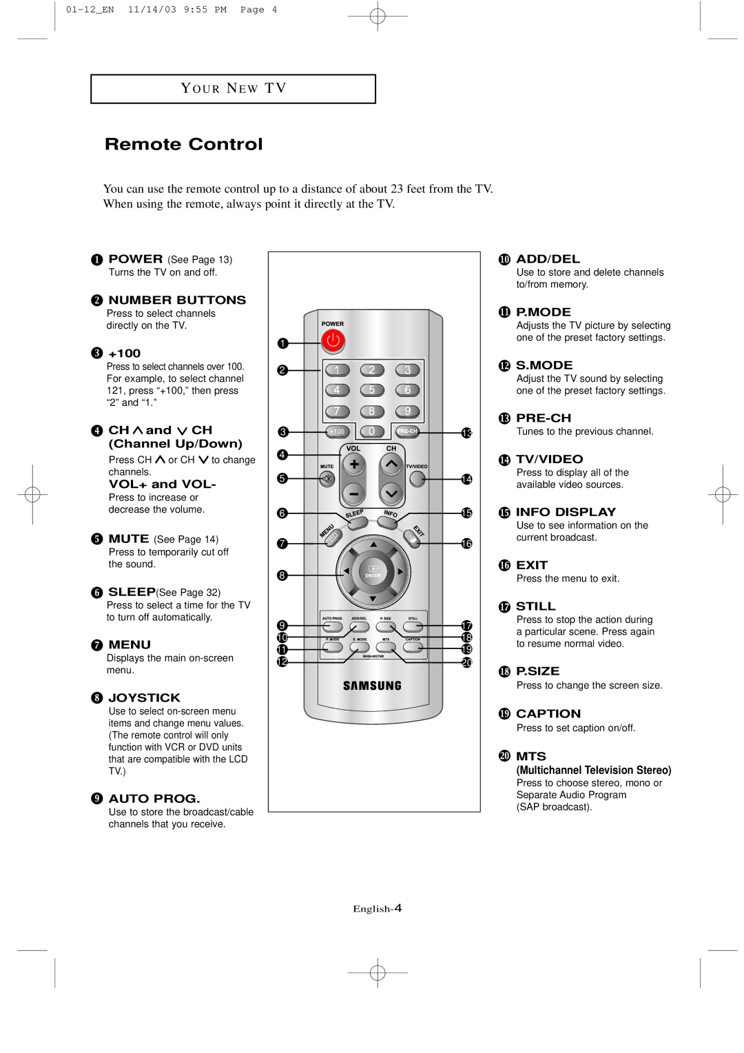 Samsung LTN1535 manual Remote Control, +100, CH and CH Channel Up/Down, VOL+ and VOL, Multichannel Television Stereo 