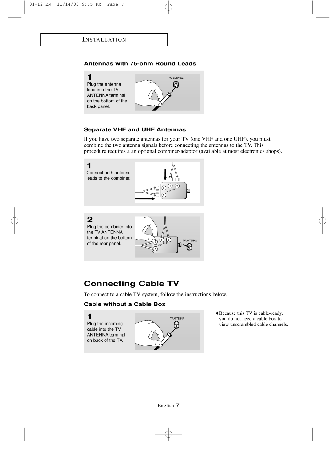 Samsung LTN1535 manual Connecting Cable TV, Antennas with 75-ohm Round Leads, Separate VHF and UHF Antennas 