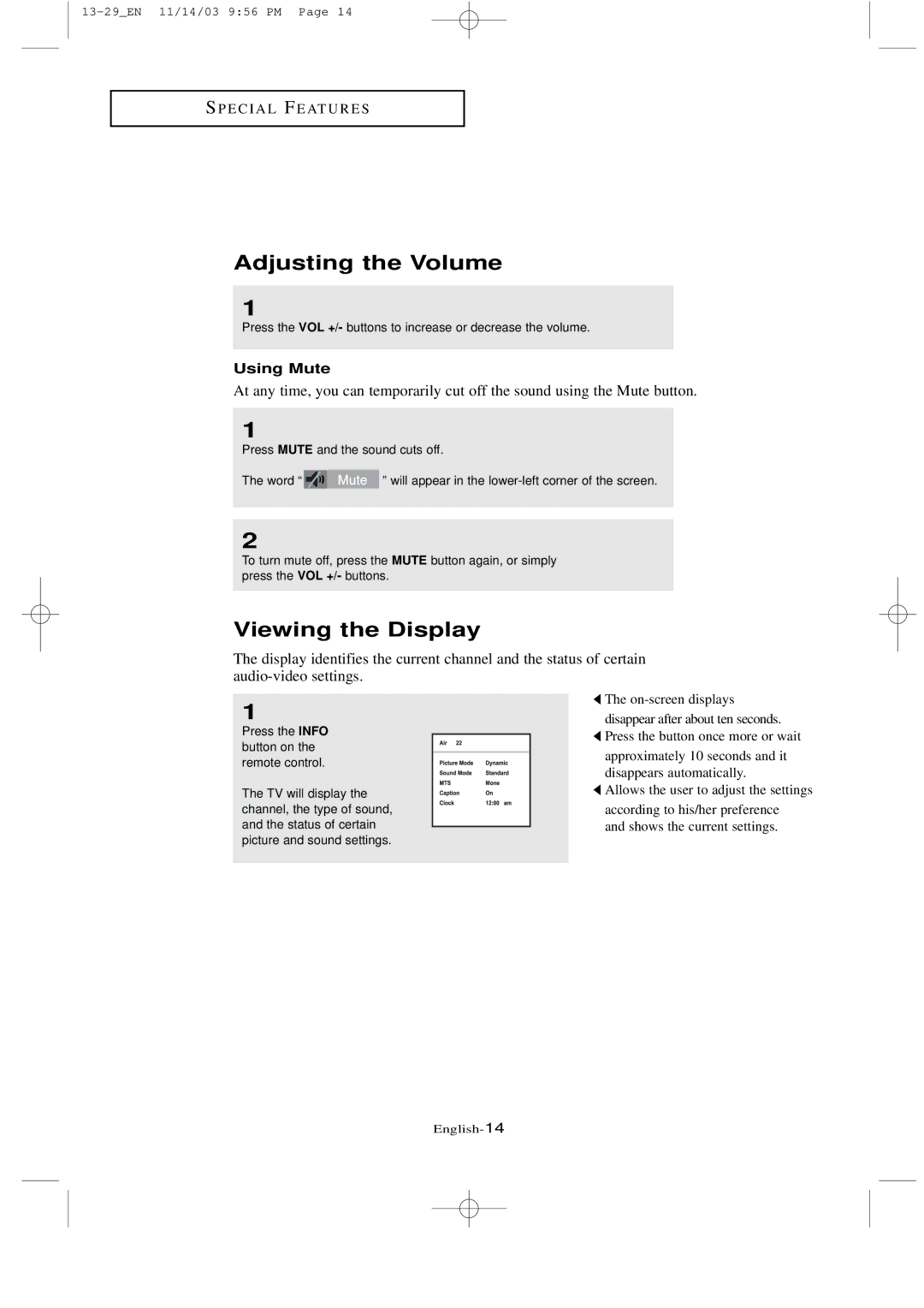 Samsung LTN1535 manual Adjusting the Volume, Viewing the Display, Using Mute 