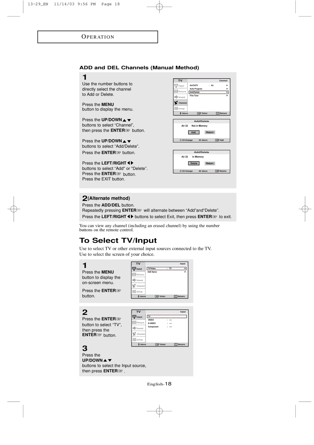 Samsung LTN1535 manual To Select TV/Input, ADD and DEL Channels Manual Method, 2Alternate method 