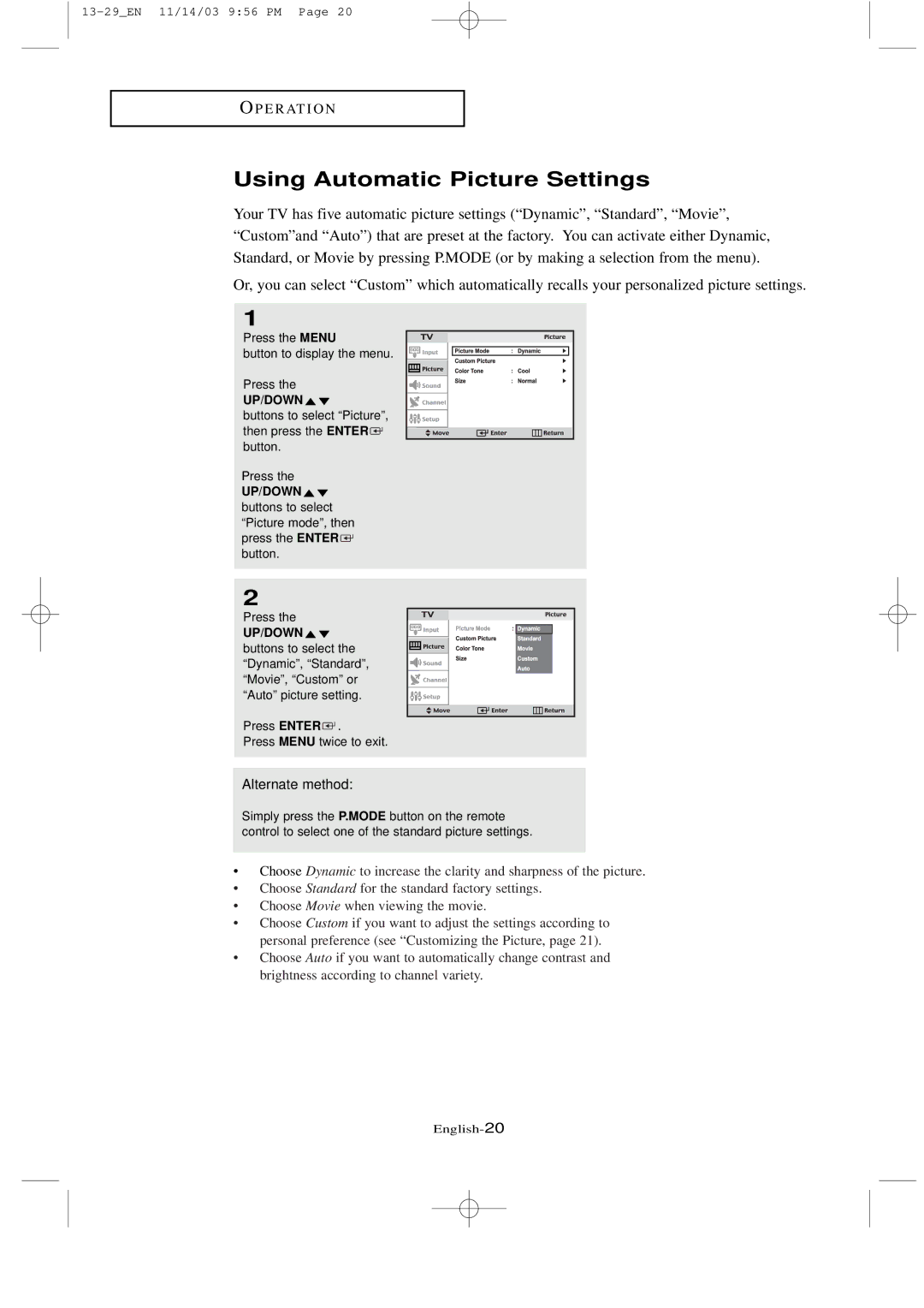 Samsung LTN1535 manual Using Automatic Picture Settings, Alternate method 