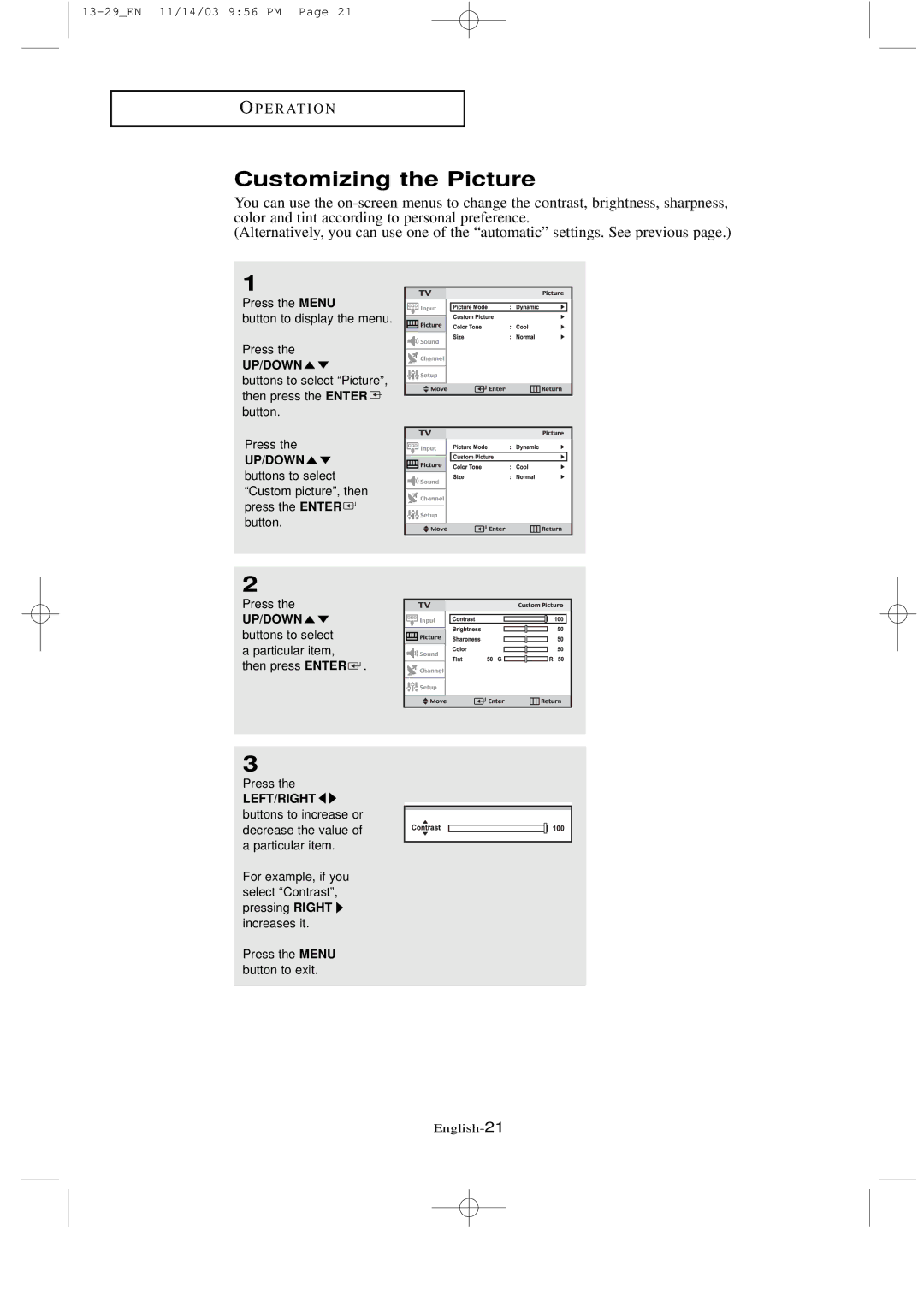 Samsung LTN1535 manual Customizing the Picture 