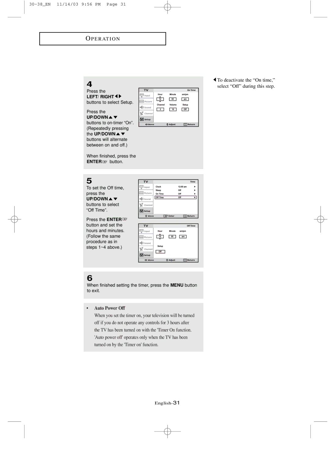 Samsung LTN1535 manual Auto Power Off, UP/DOWN buttons to select Off Time 