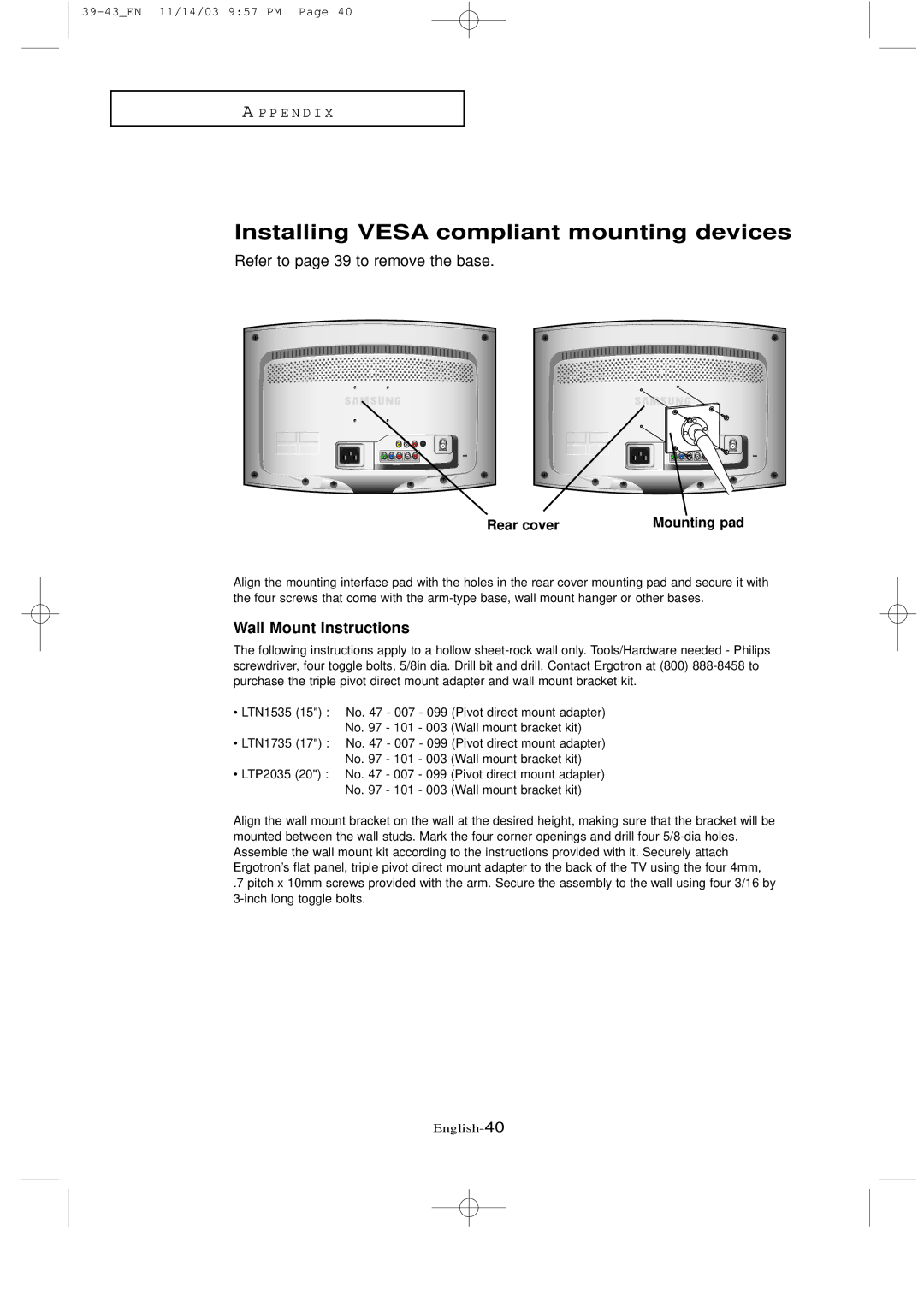 Samsung LTN1535 manual Installing Vesa compliant mounting devices, Mounting pad, Rear cover 