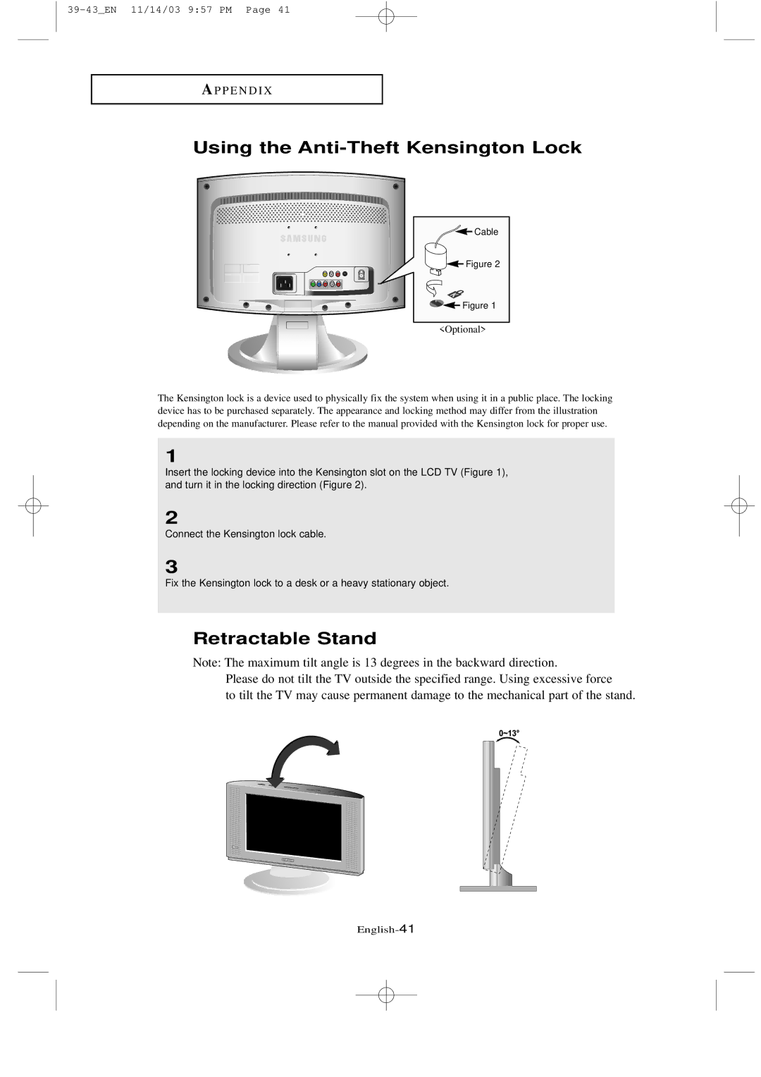 Samsung LTN1535 manual Using the Anti-Theft Kensington Lock, Retractable Stand 