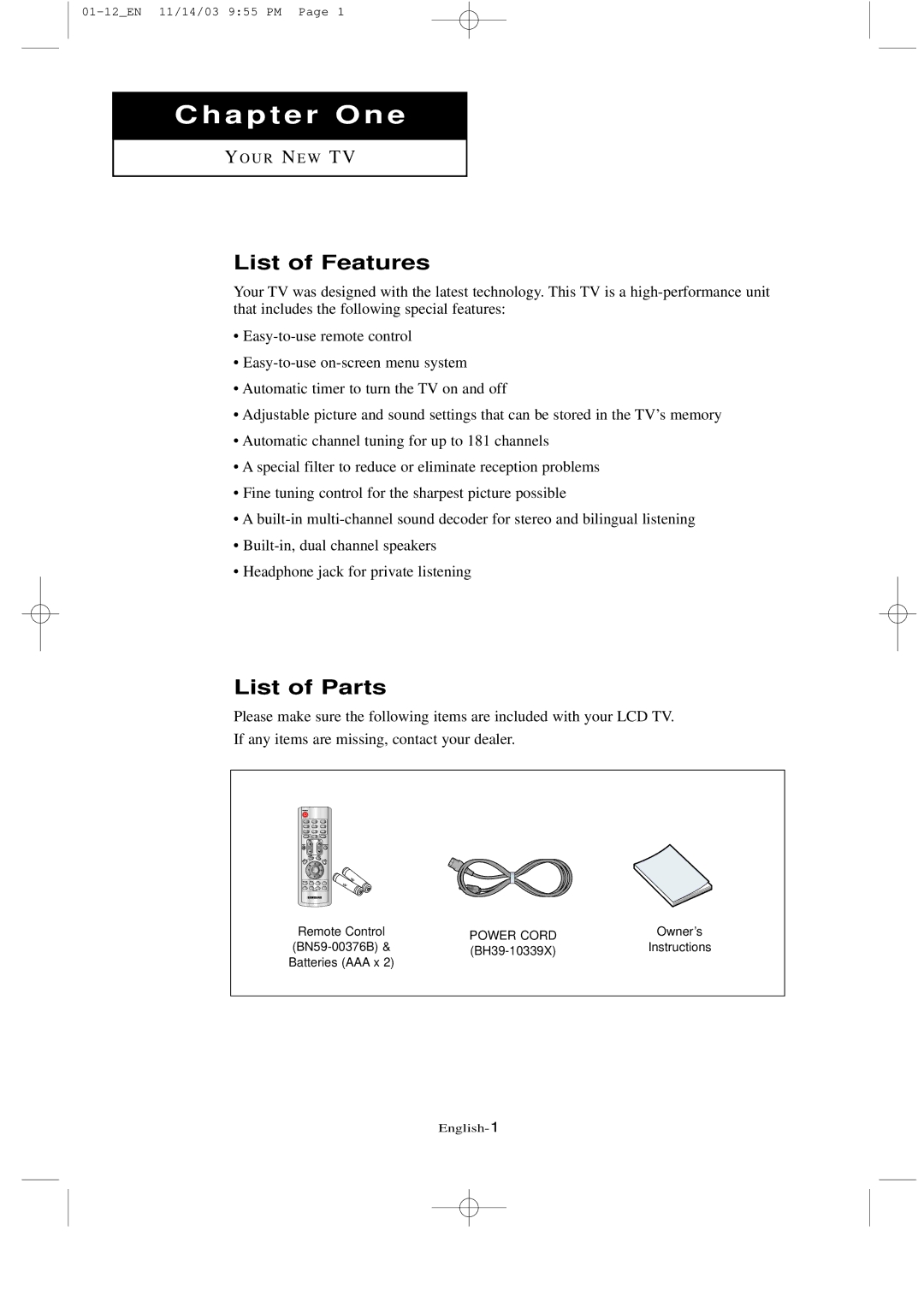 Samsung LTN1535 manual List of Features, List of Parts 